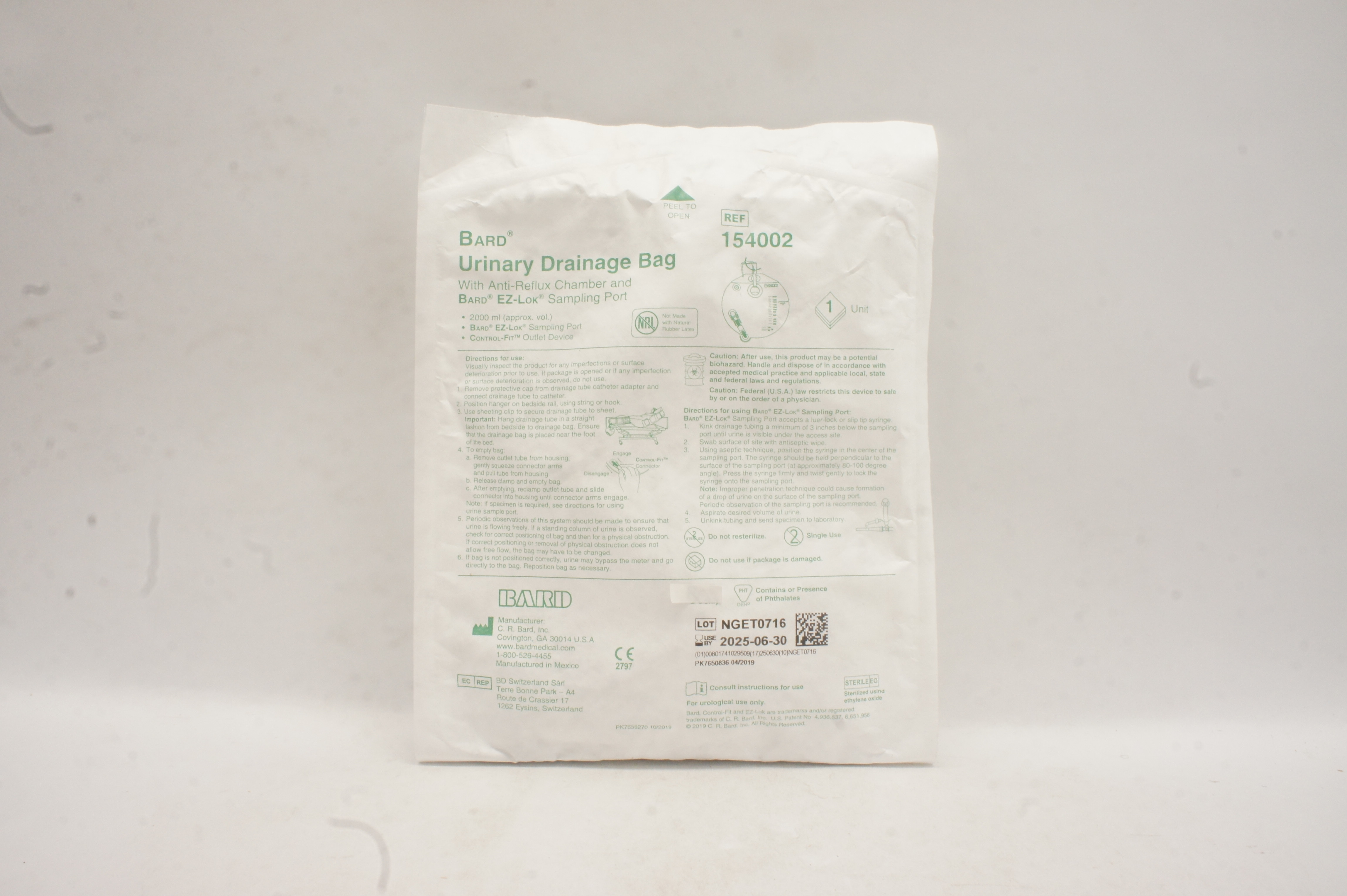 Bard 154002 Urinary Drainage Bag with Anti-Reflux Chamber & Sampling Port 2000ml