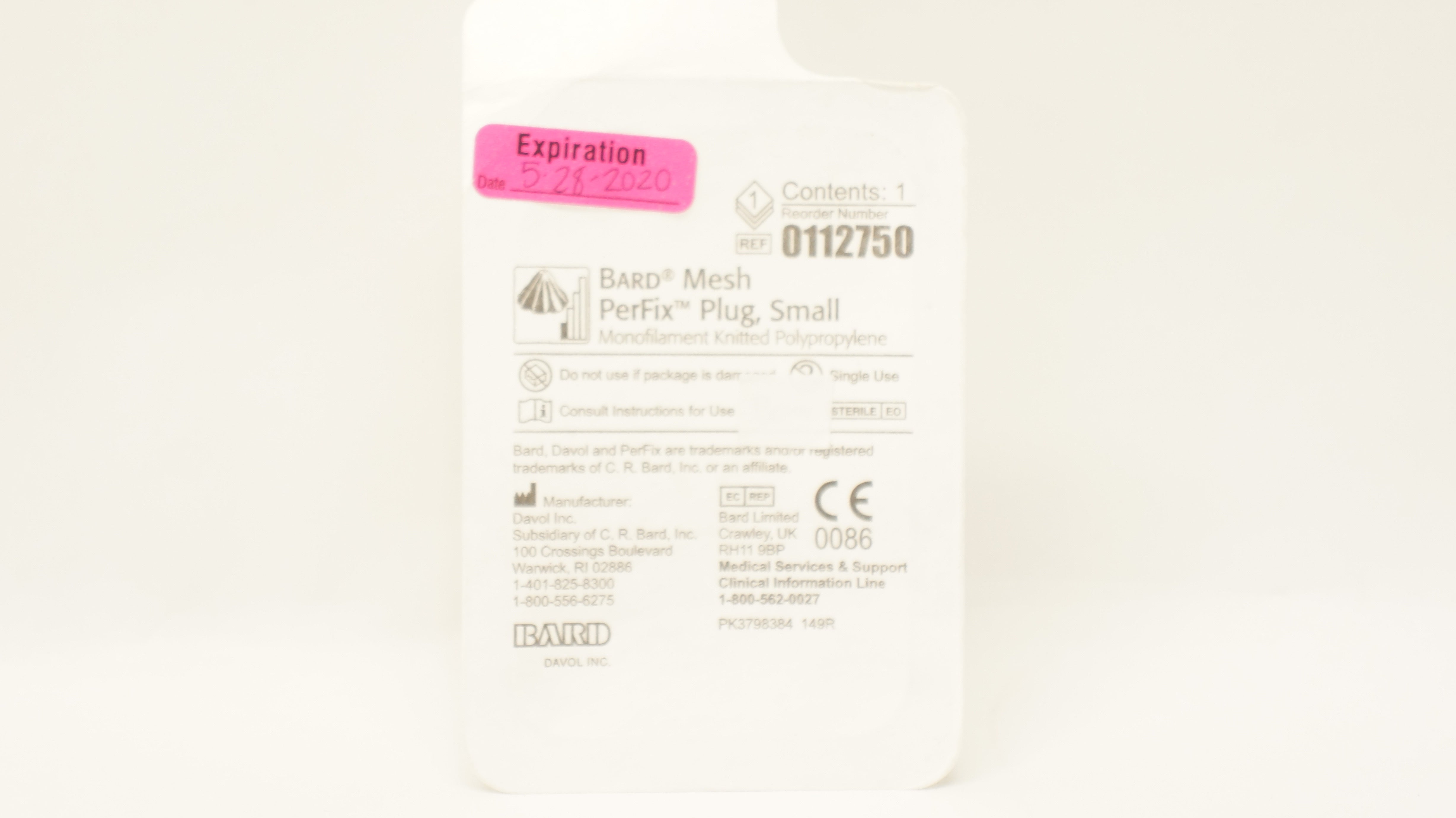 Bard 0112750 Mesh Perfix Plug Small Monofilament Knitted Polypropylene