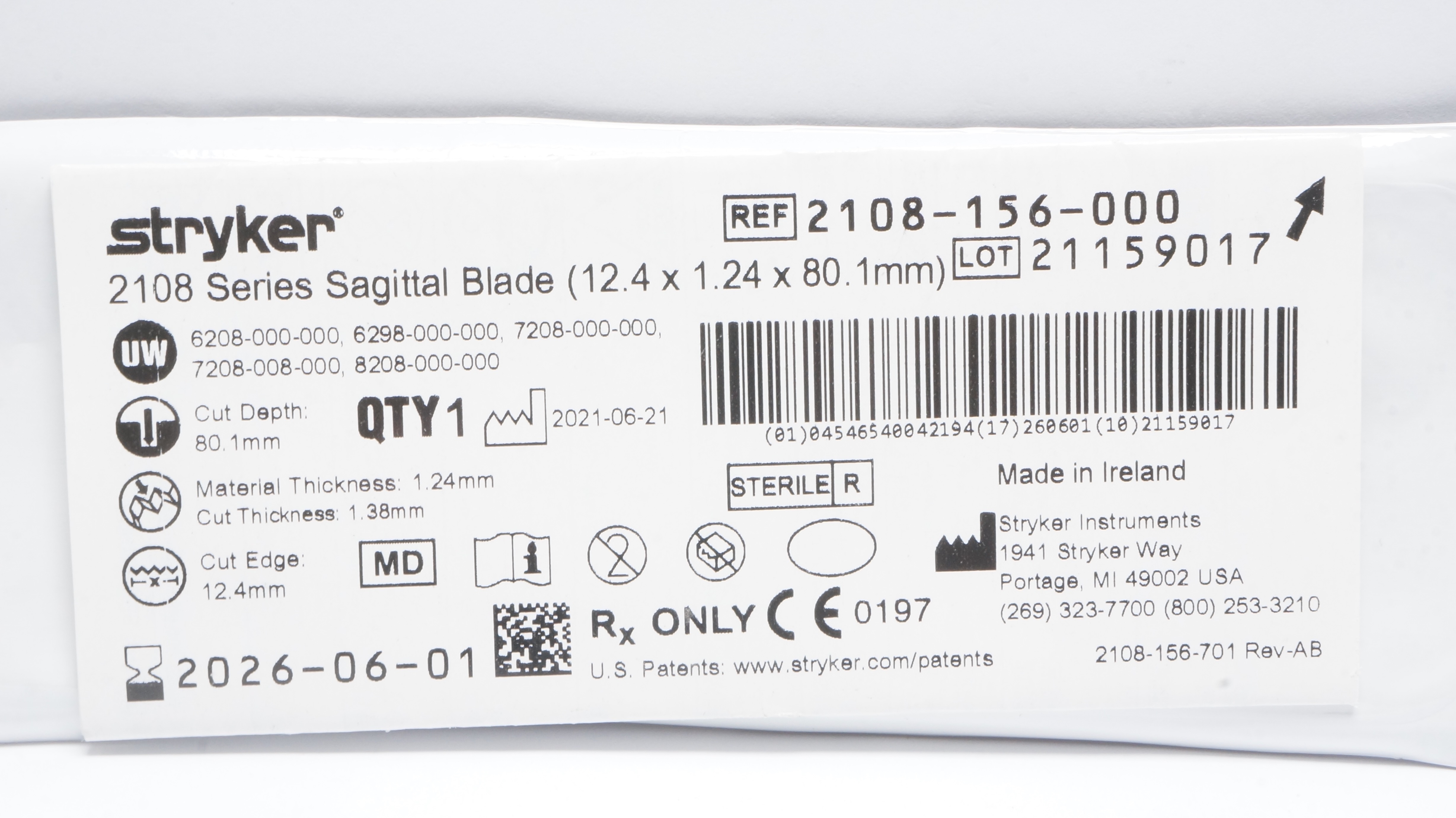 Stryker 2108-156-000 2108 Series Sagittal Blade, 12.4mm x 1.24mm x 80.1mm