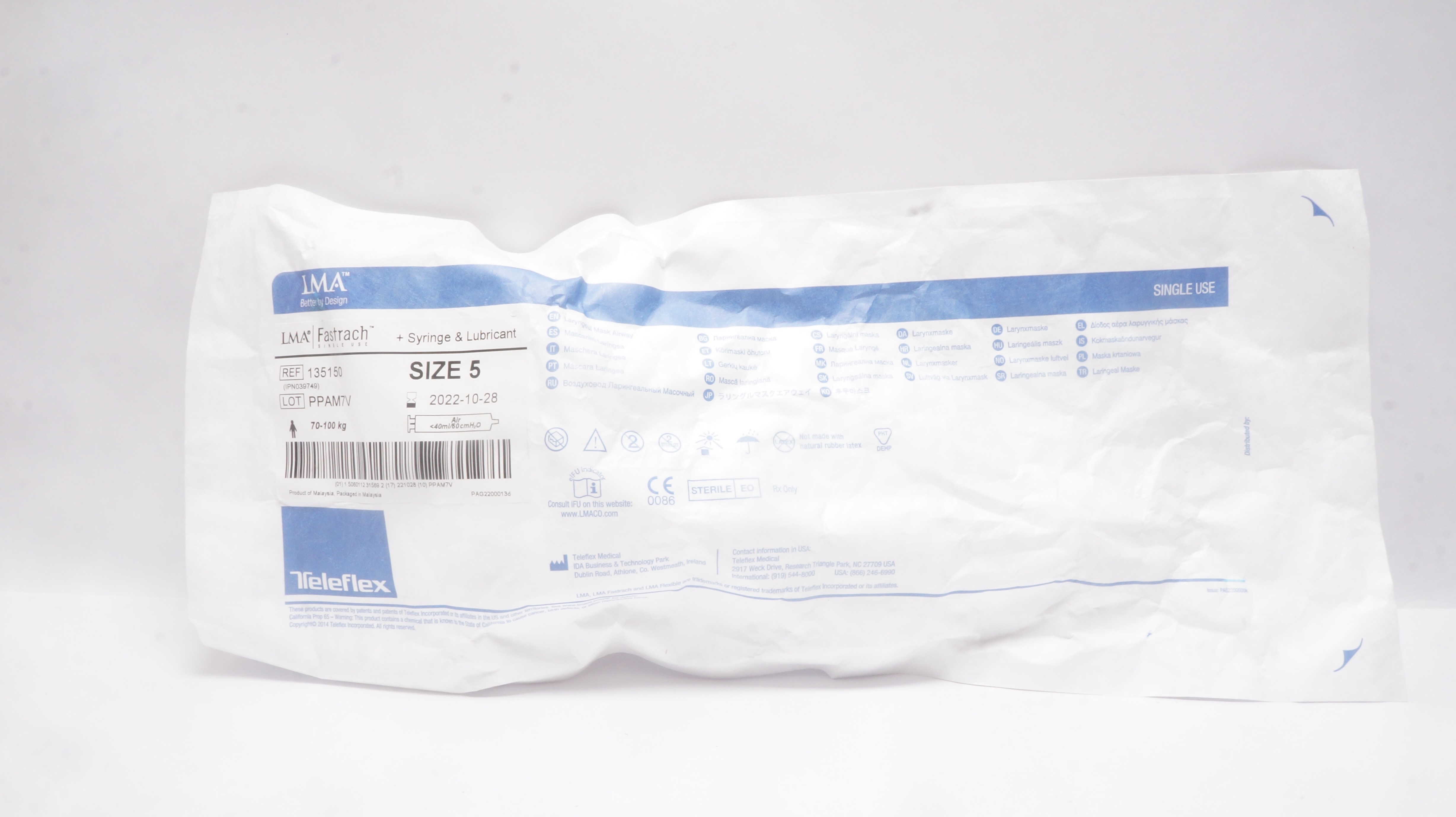 Teleflex 135150 LMA Fastrach +Syringe & Lubricant Size 5 70-100kg (x)
