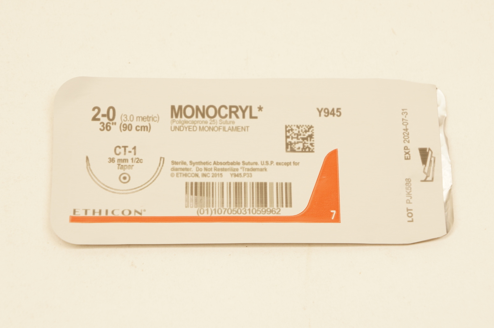 Ethicon Y945 2-0 MONOCRYL, CT-1, 36mm 1/2c Taper, 36inch