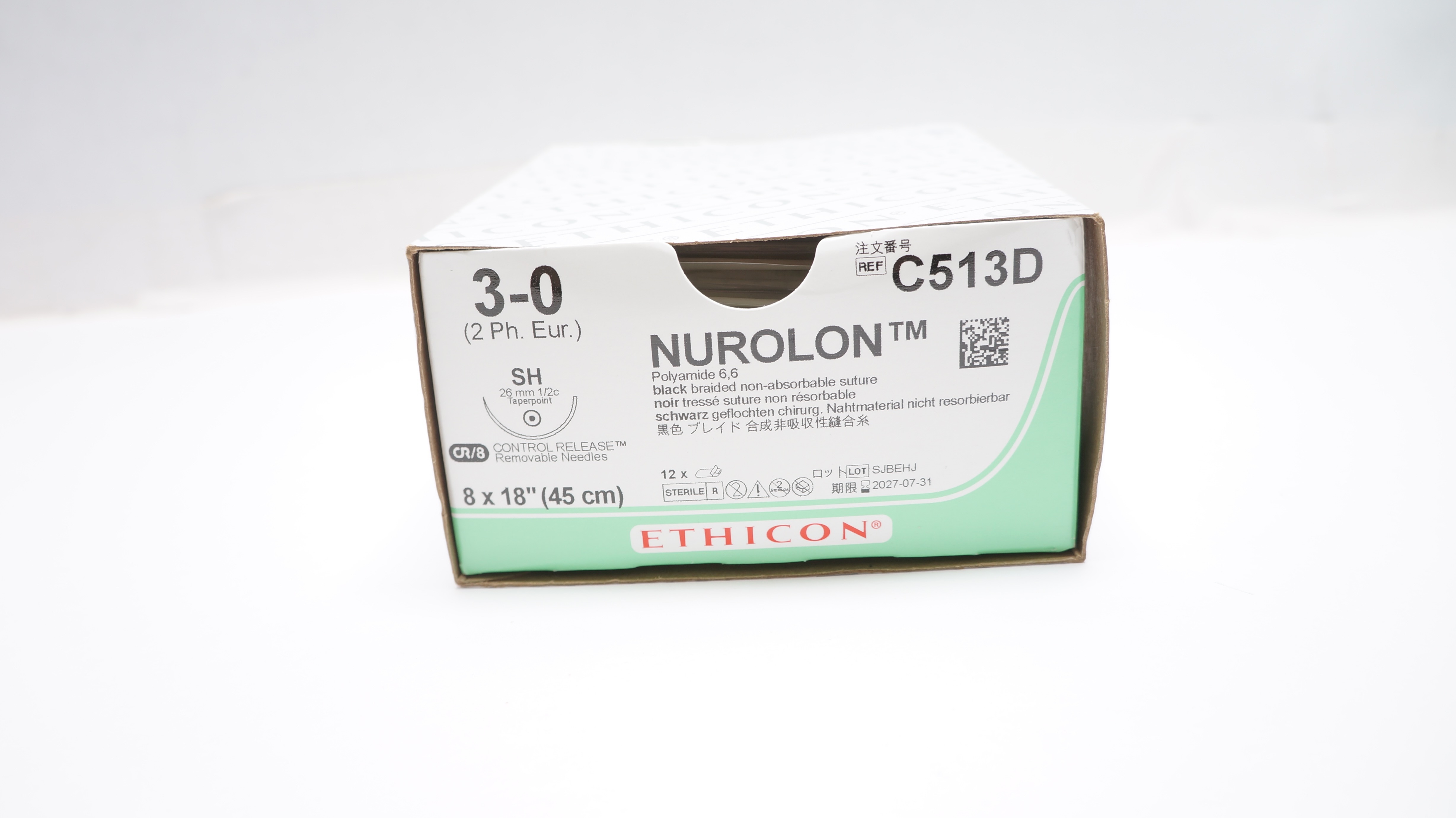 Ethicon C513D 3-0 Nurolon Polyamide 6.6 SH 26mm 1/2c, 8 x 18inch - Box of 10