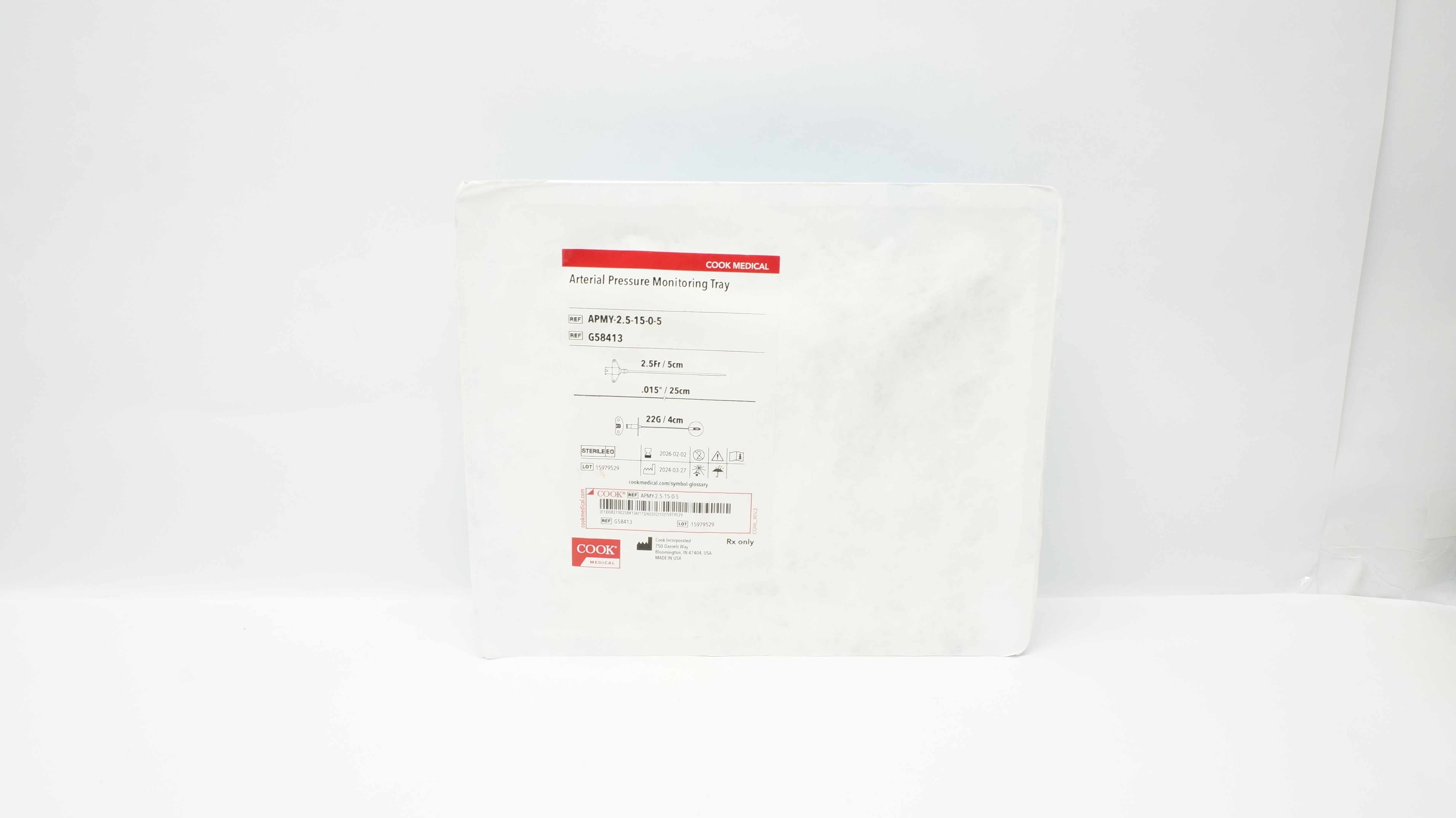 Cook Medical G58413 Arterial Pressure Monitoring Tray 2.5F/ 5cm, 22G, 0.015inch