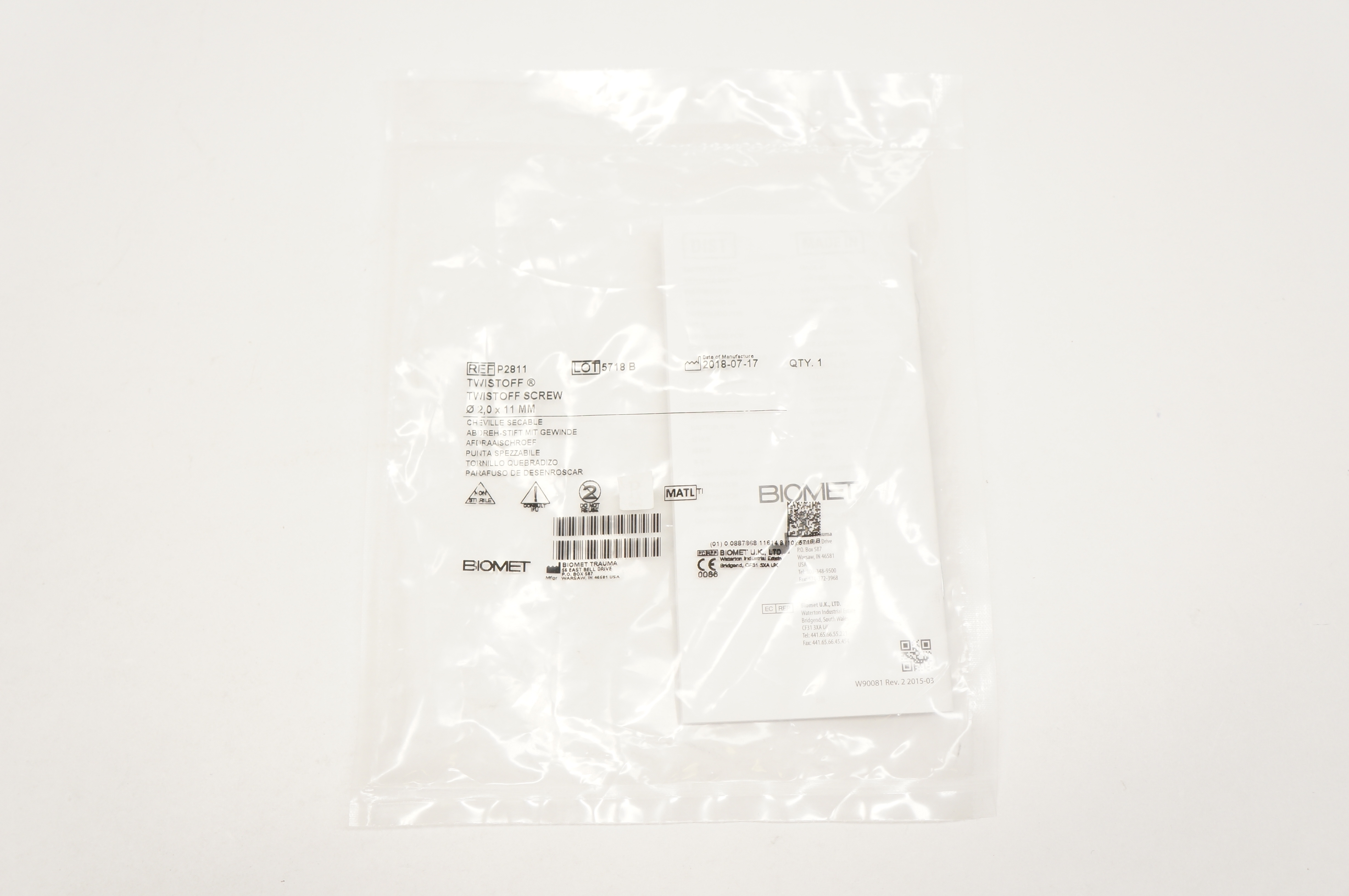 Biomet P2811 Twistoff Screw 2.0 x 11mm