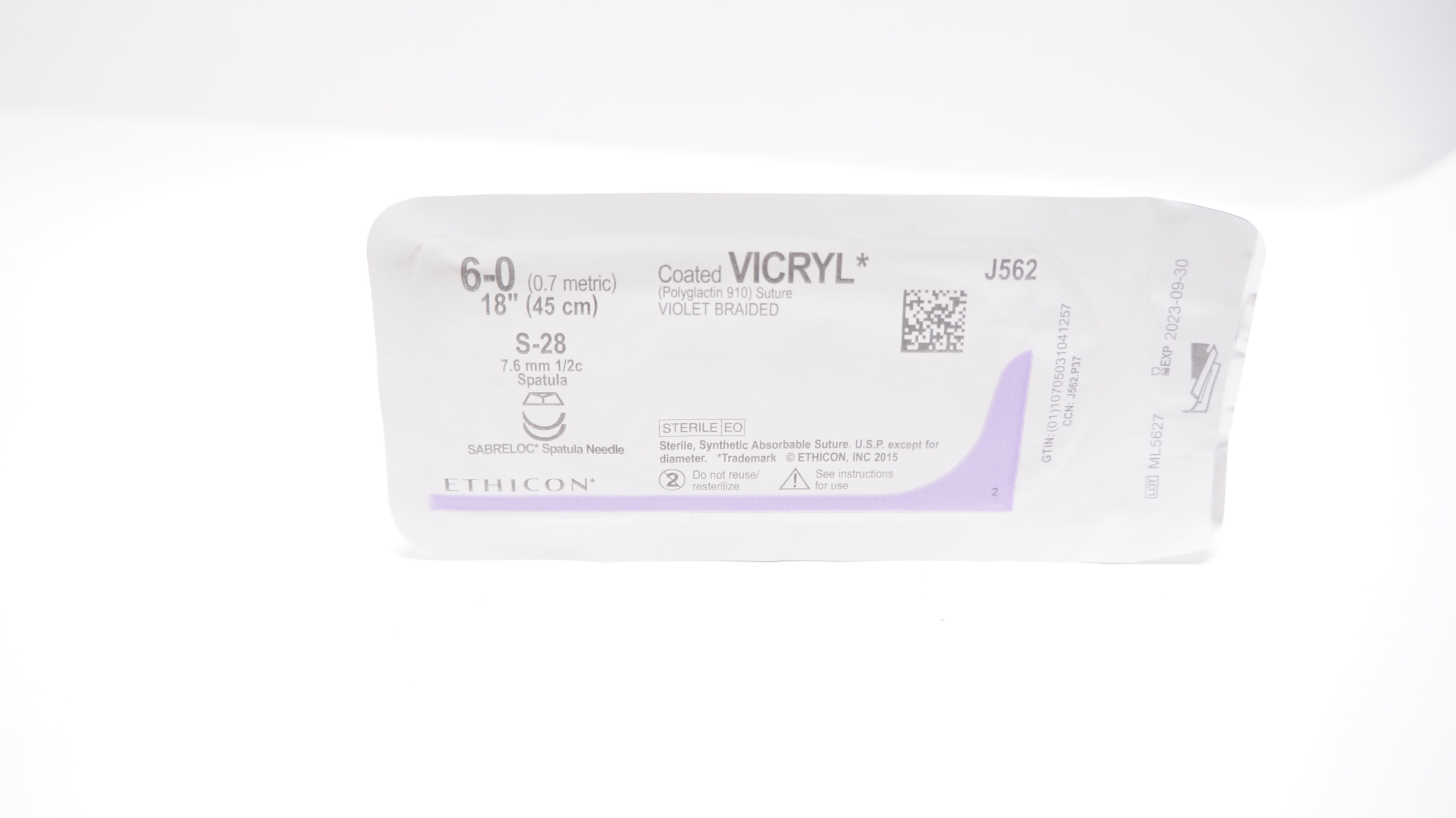 Ethicon J562 6-0 VICRYL, S-28, 7.6mm 1/2c Spatula, 18inch (x)