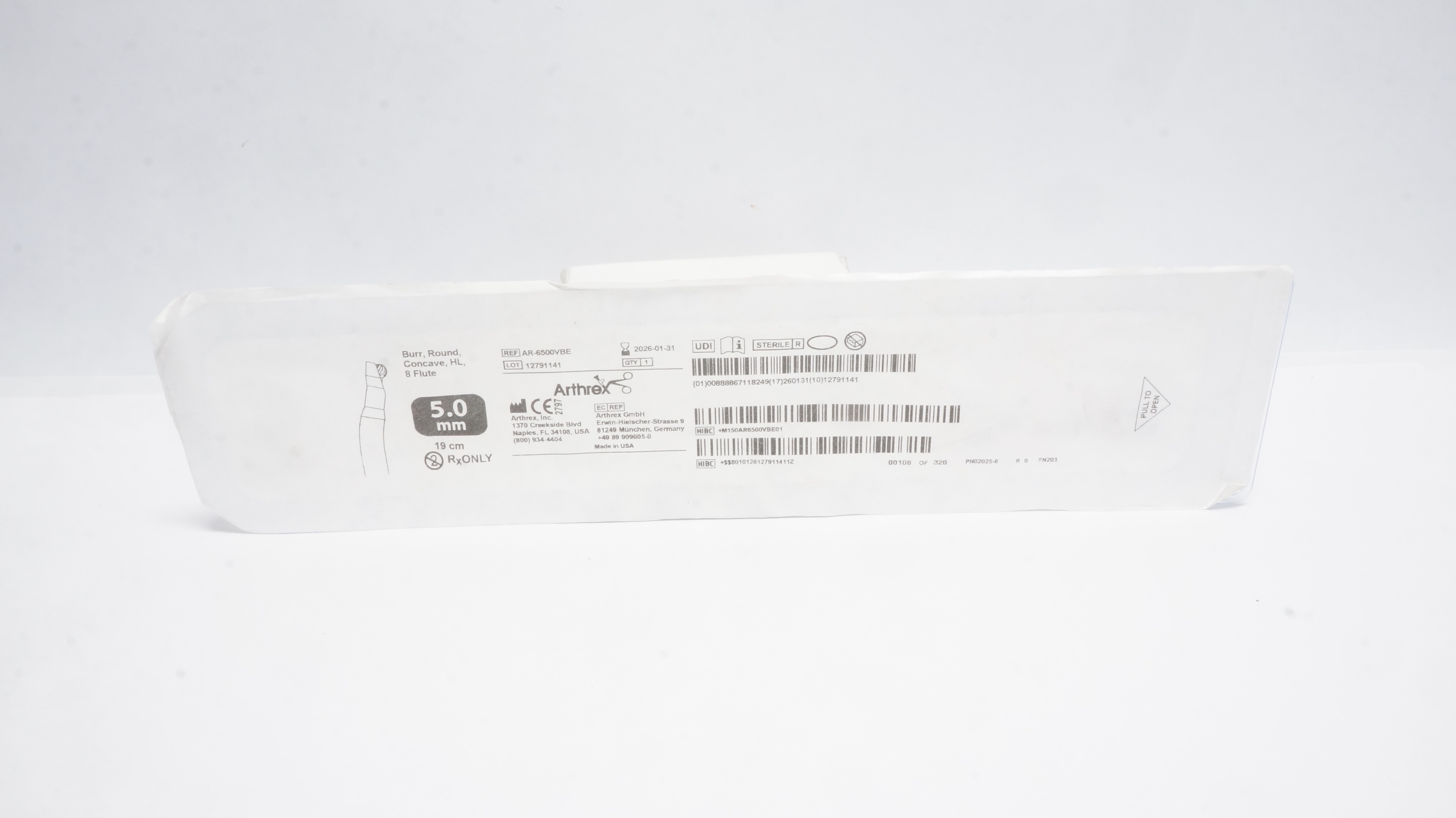 Arthrex AR-6500VBE Burr, Round, Concave, HL, 8 Flute 5.0mm x 19cm (x)