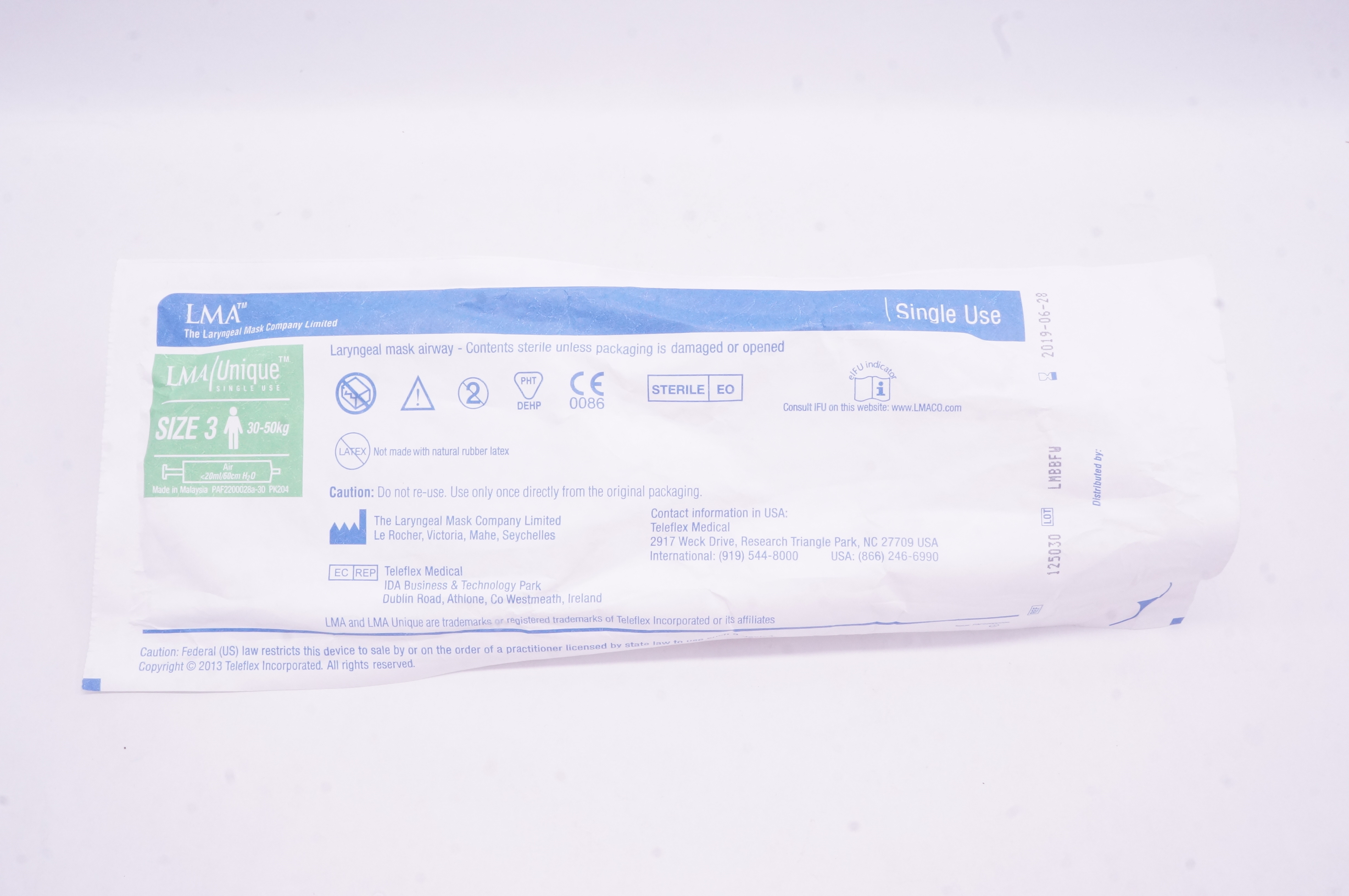 Teleflex 125030 LMA Unique, Laryngeal Mask Airway, Size 3, 30-50kg (x)