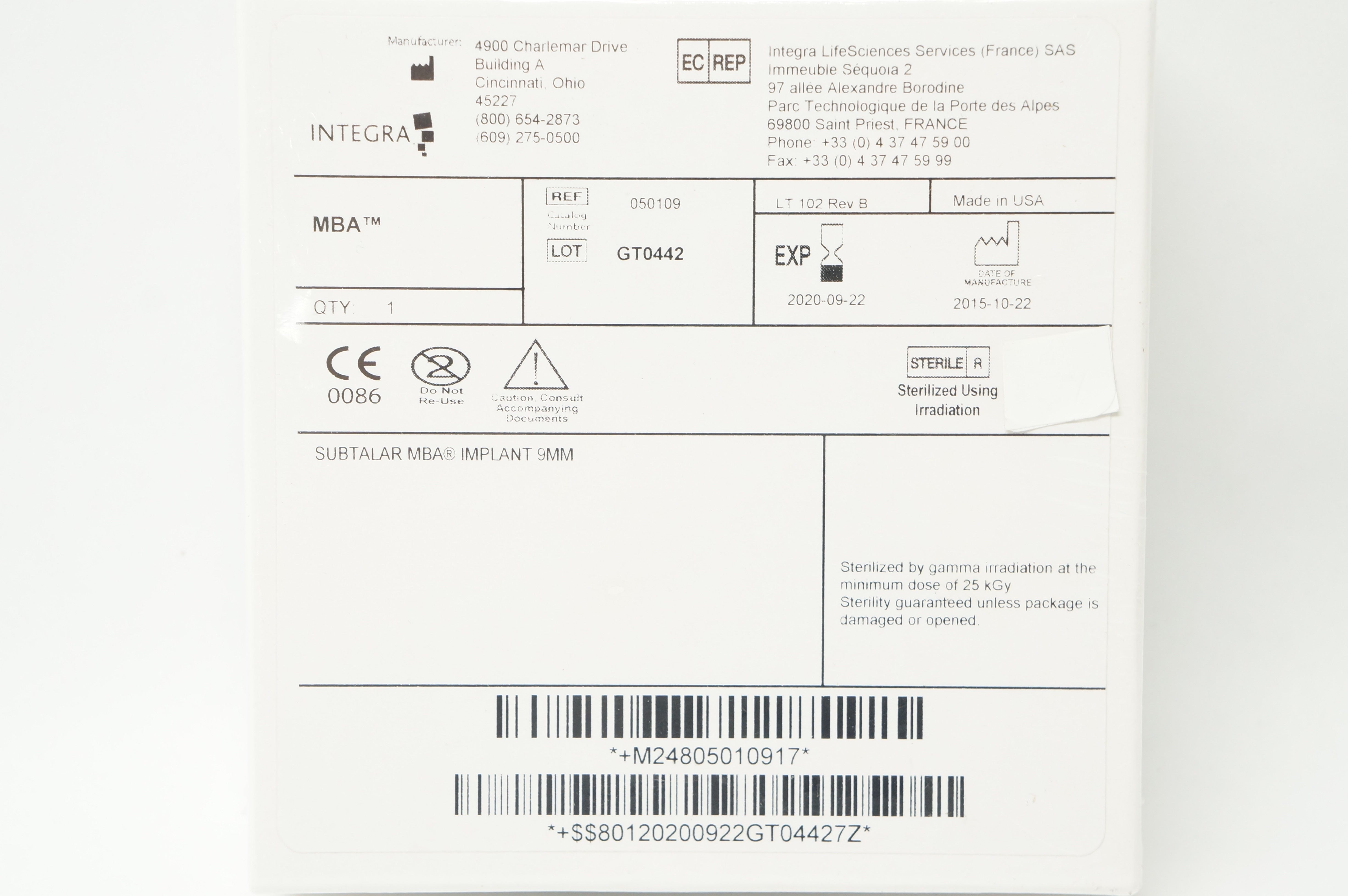 Integra 050109 Subtalar MBA, Implant 9mm (x)
