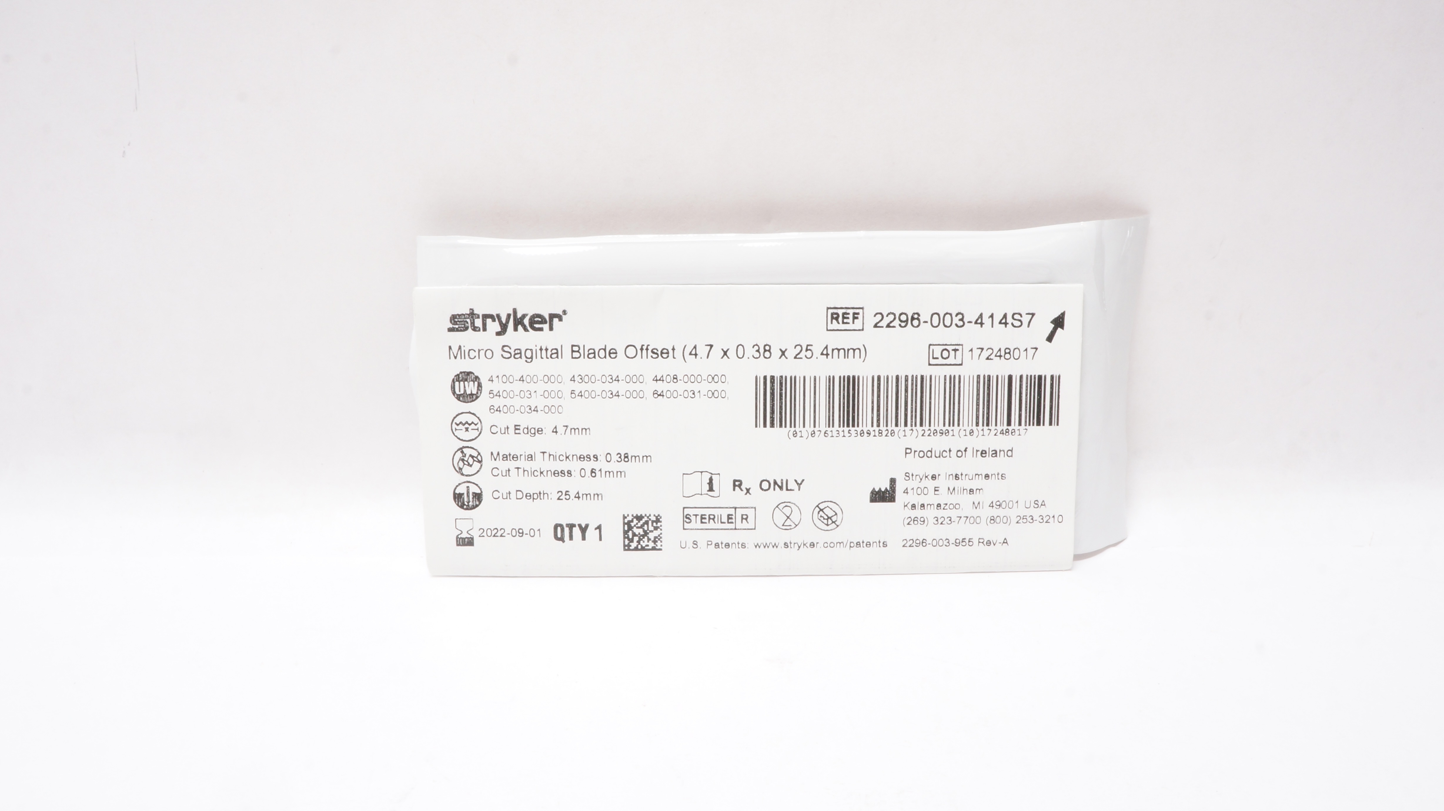 Stryker 2296-003-414S7 Micro Sagittal Blade Offset 4.7 x 0.38 x 25.4mm (x)