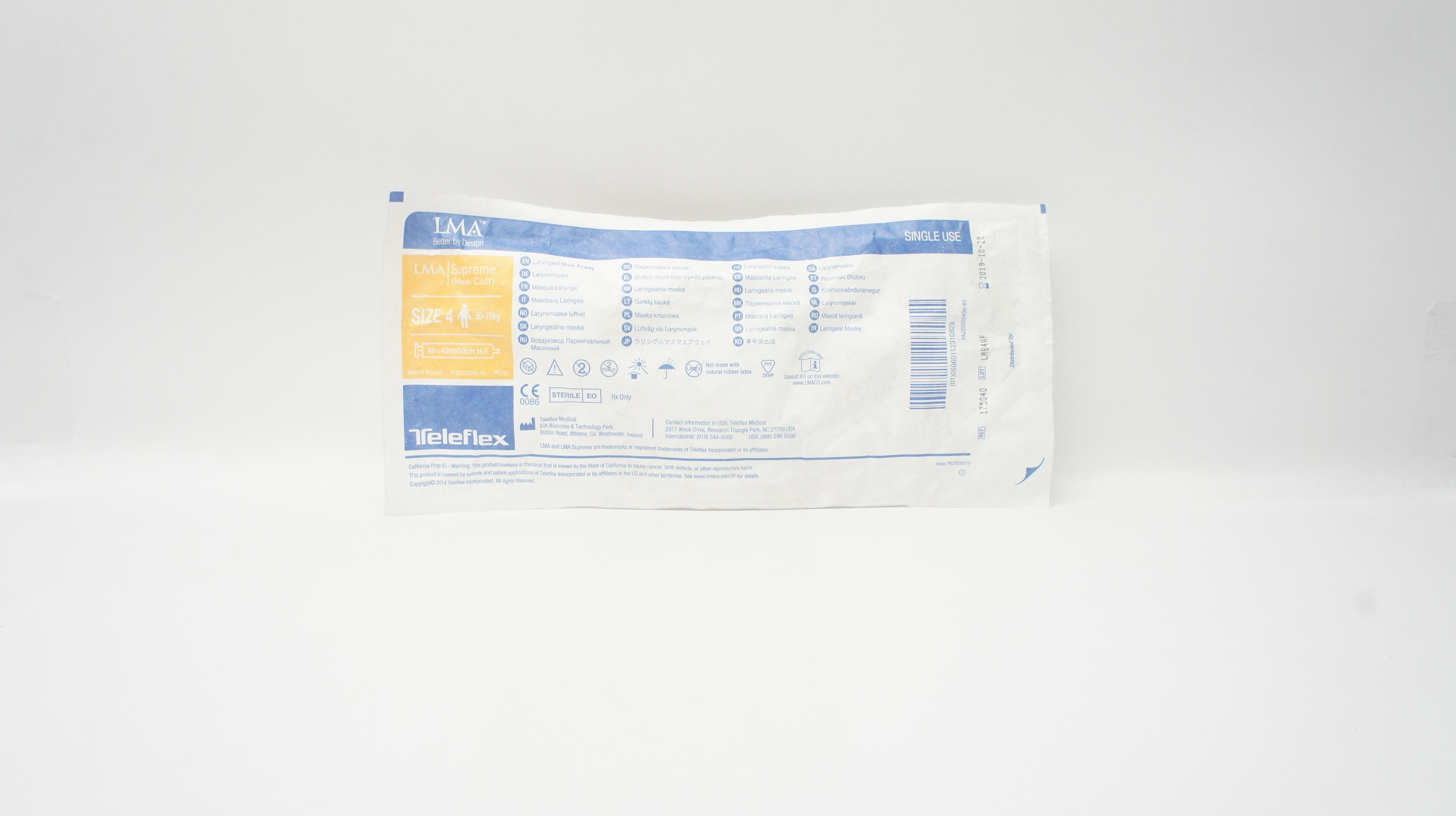 Teleflex 175040 LMA Supreme Laryngeal Mask Airway, Size 4 50-70kg <45ml/60cm (x)