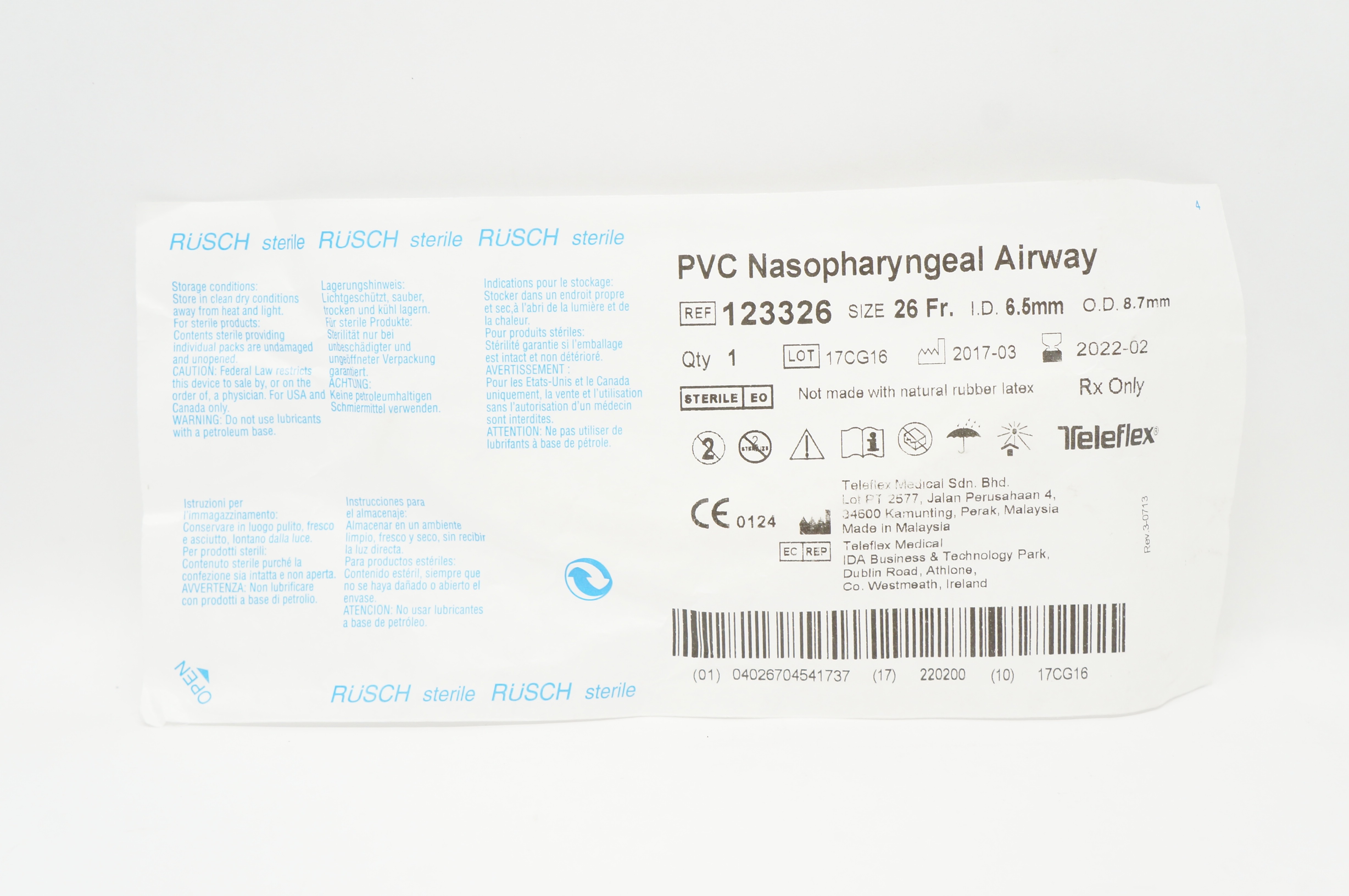 Teleflex 123326 Rusch PVC Nasopharyngeal Airway 26Fr x 6.5mm ID x 8.7mm OD (x)