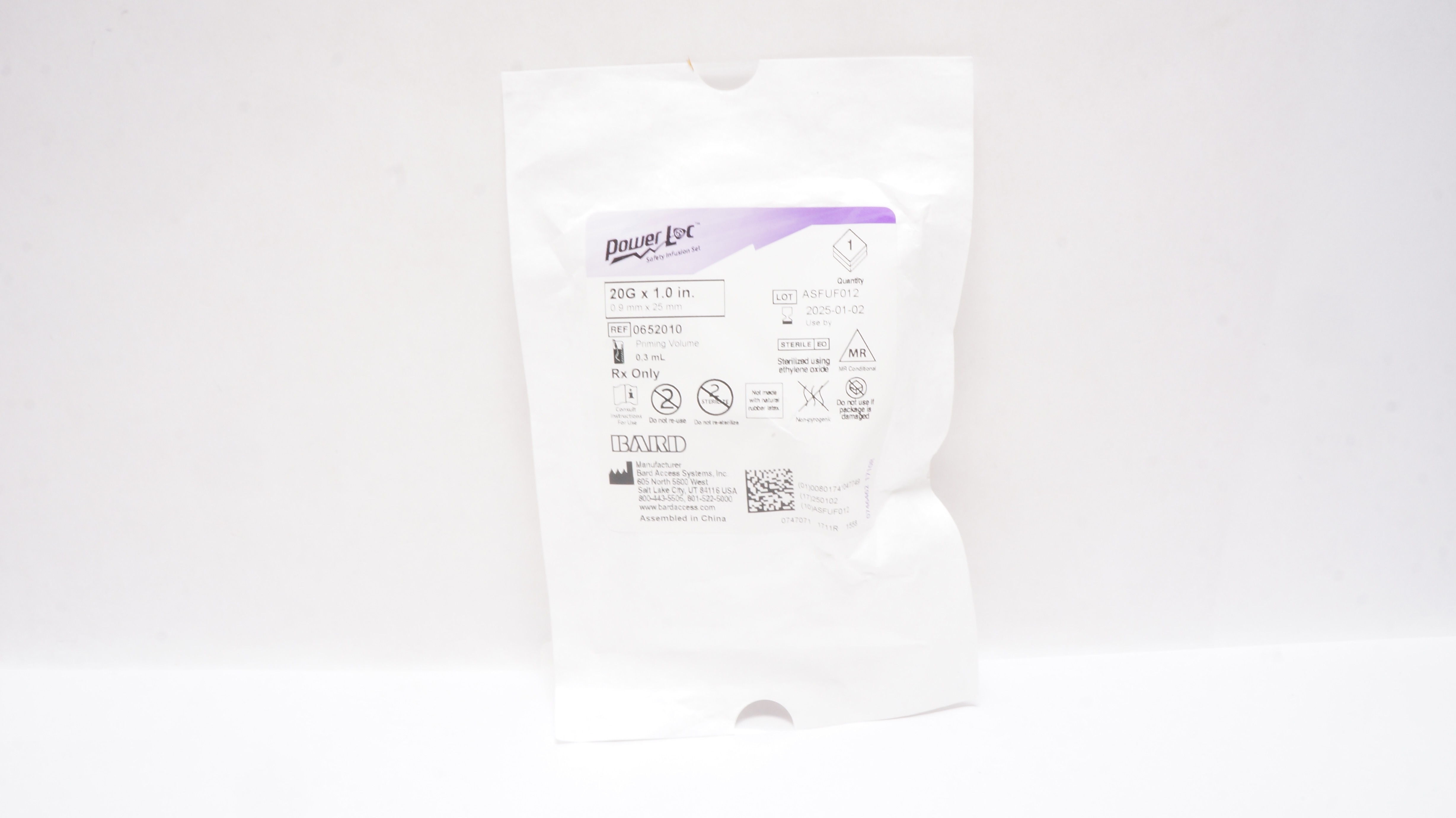 Bard 0652010 Power Loc Safety Infusion Set 20G x 1.0 inch, Priming Volume 0.3mL