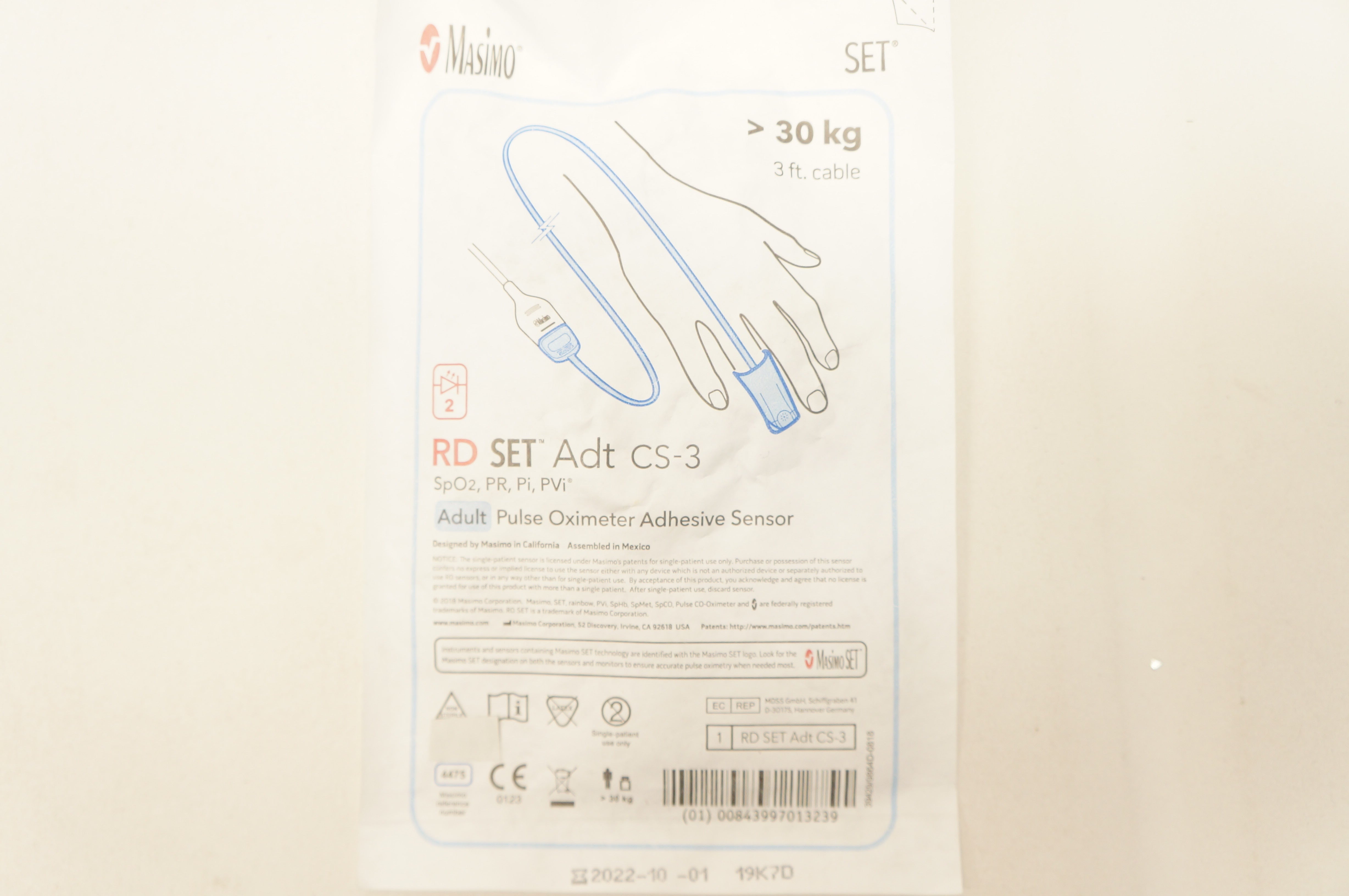 Masimo 4475 RD Set Adt CS-3 Adult Pulse Oximeter Adhesive Sensor >30 kg (x)