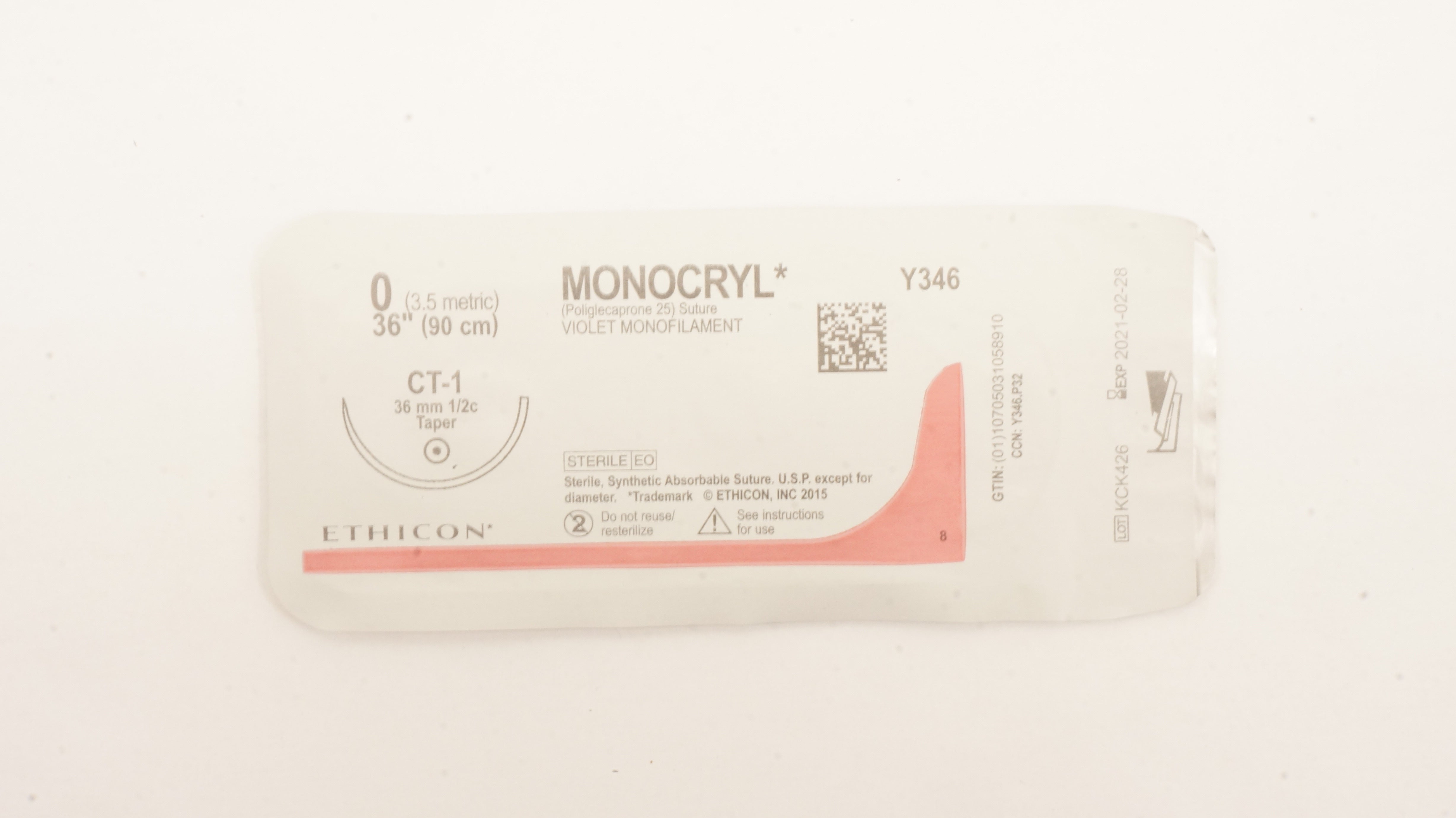 Ethicon Y346 0 Monocryl Poliglecaprone 25 Stre CT-1 36mm 1/2c Taper, 36 inch (x)