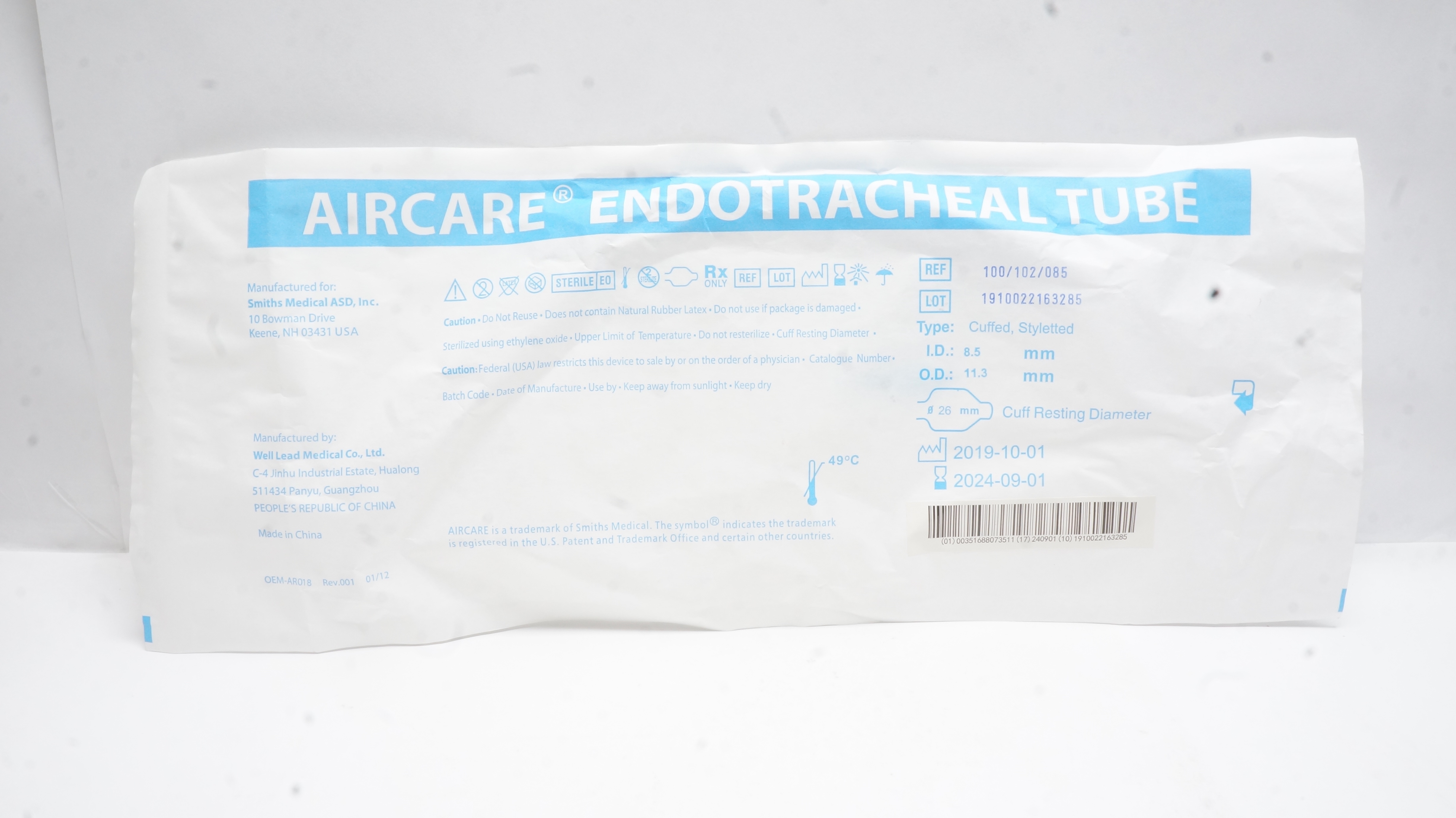 Smiths Medical 100/102/085 Aircare Endotracheal Tube 8.5ID x 11.3OD x 26mm
