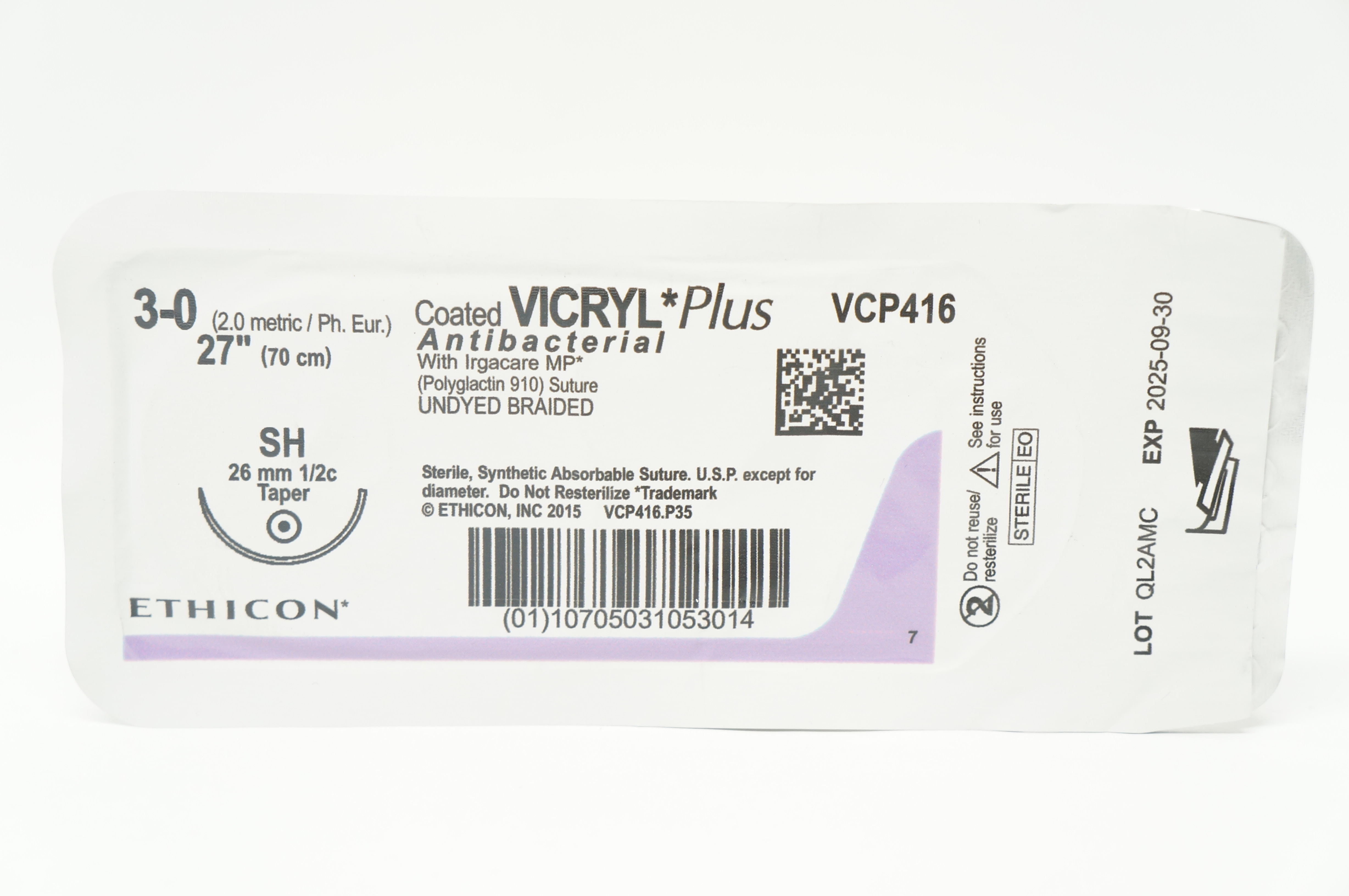 Ethicon VCP416 3-0 Vicryl Plus Antibacterial Stre SH 26mm 1/2c Taper 27 inch
