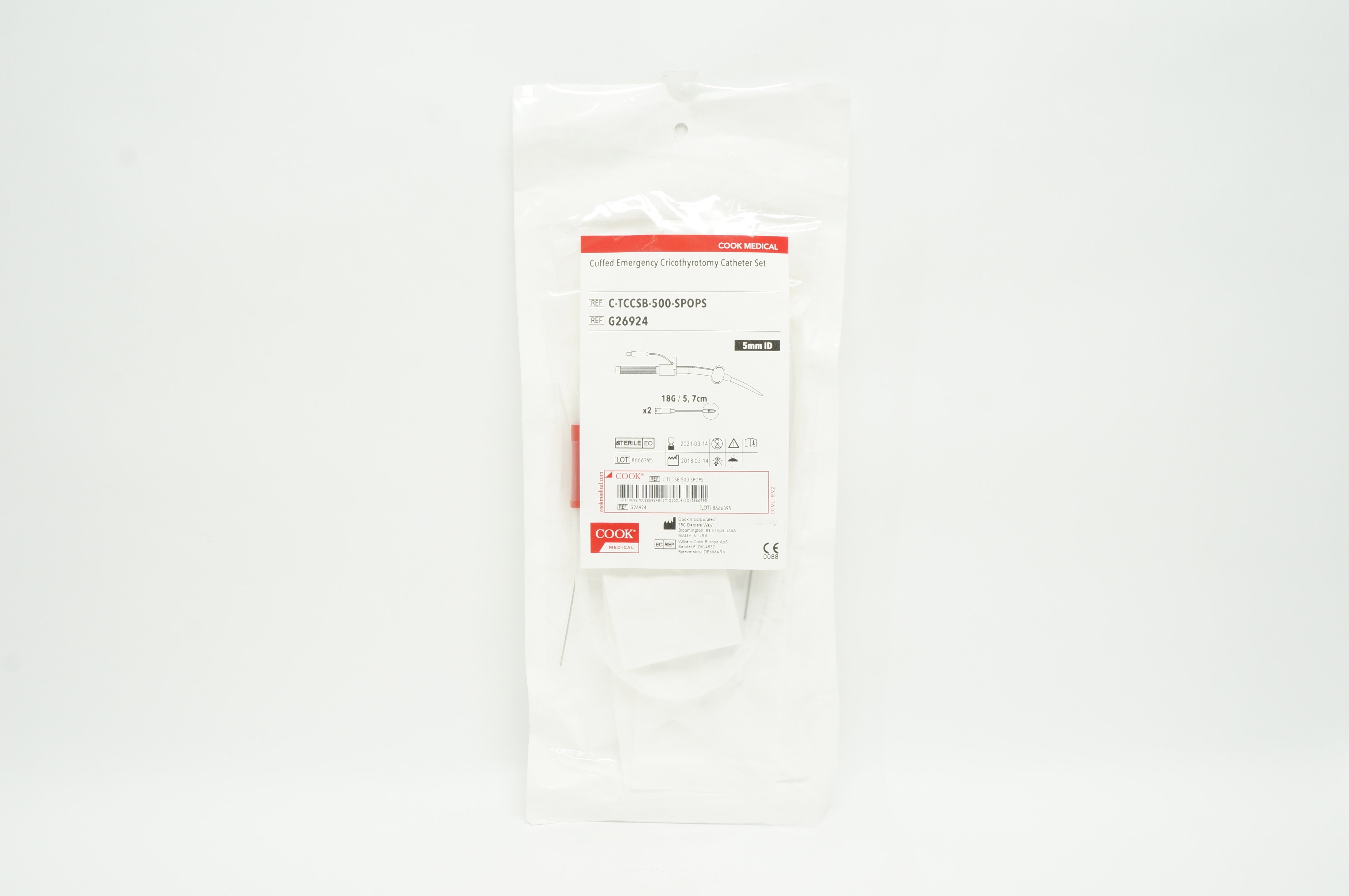 Cook Medical G26924 Cuffed Emergency Cricothyrotomy Cath. Set 5mm x 18G/5.7cm (x)