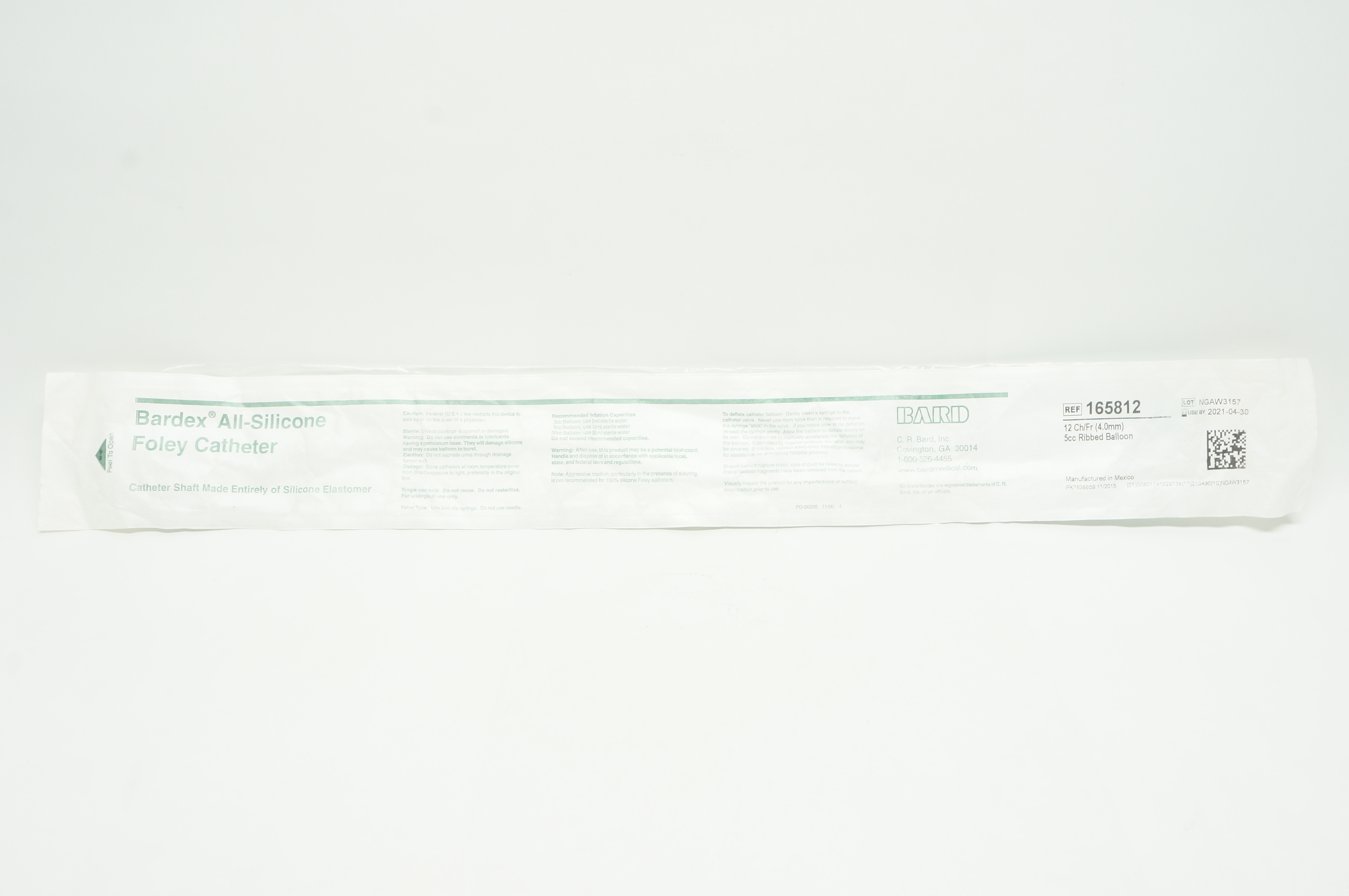 Bard 165812 All-Silicone Foley Cath. 12 Ch/Fr 5cc Ribbed Balloon