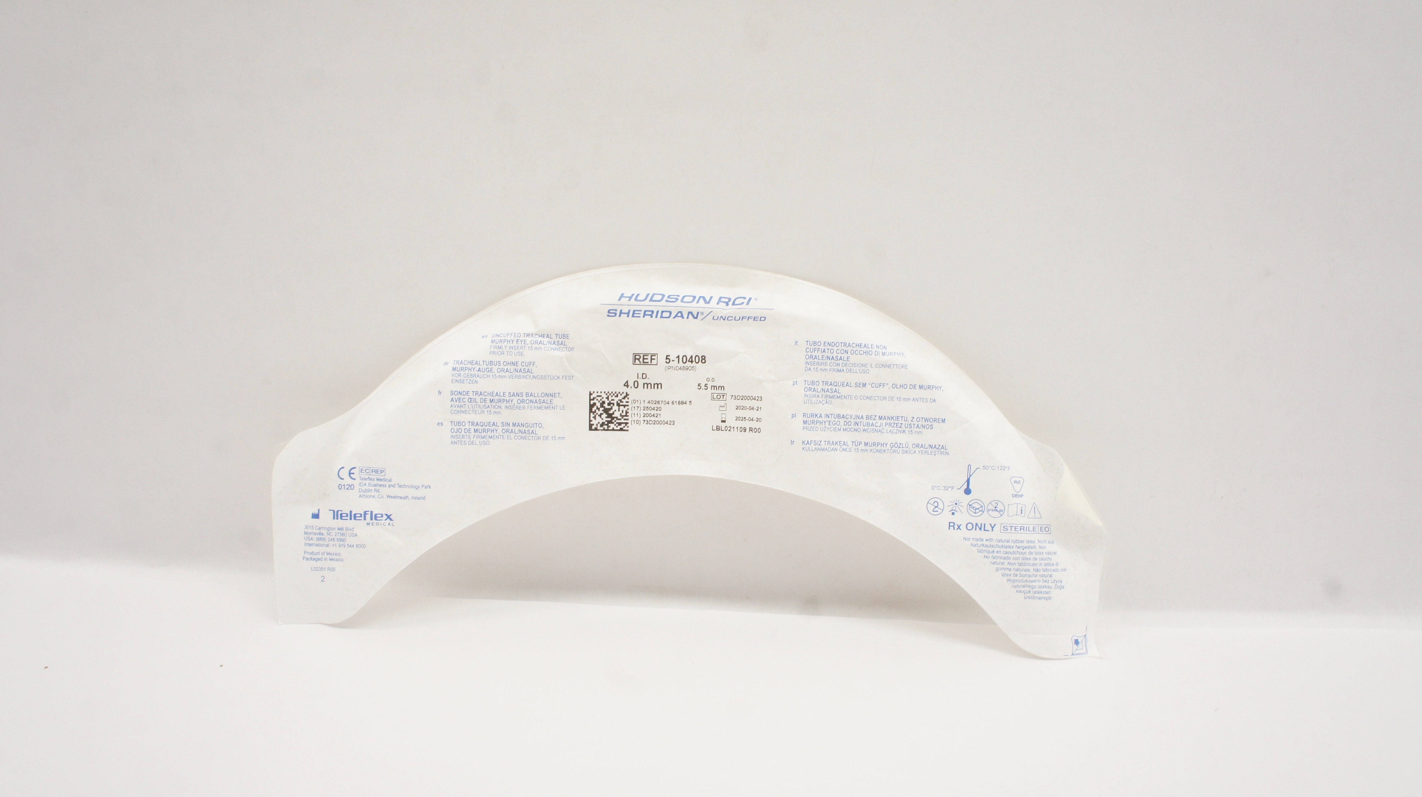 Teleflex 5-10408 Hudson RCI Sheridan Uncuffed Tracheal Tube 4.0mm ID x 5.5mm OD