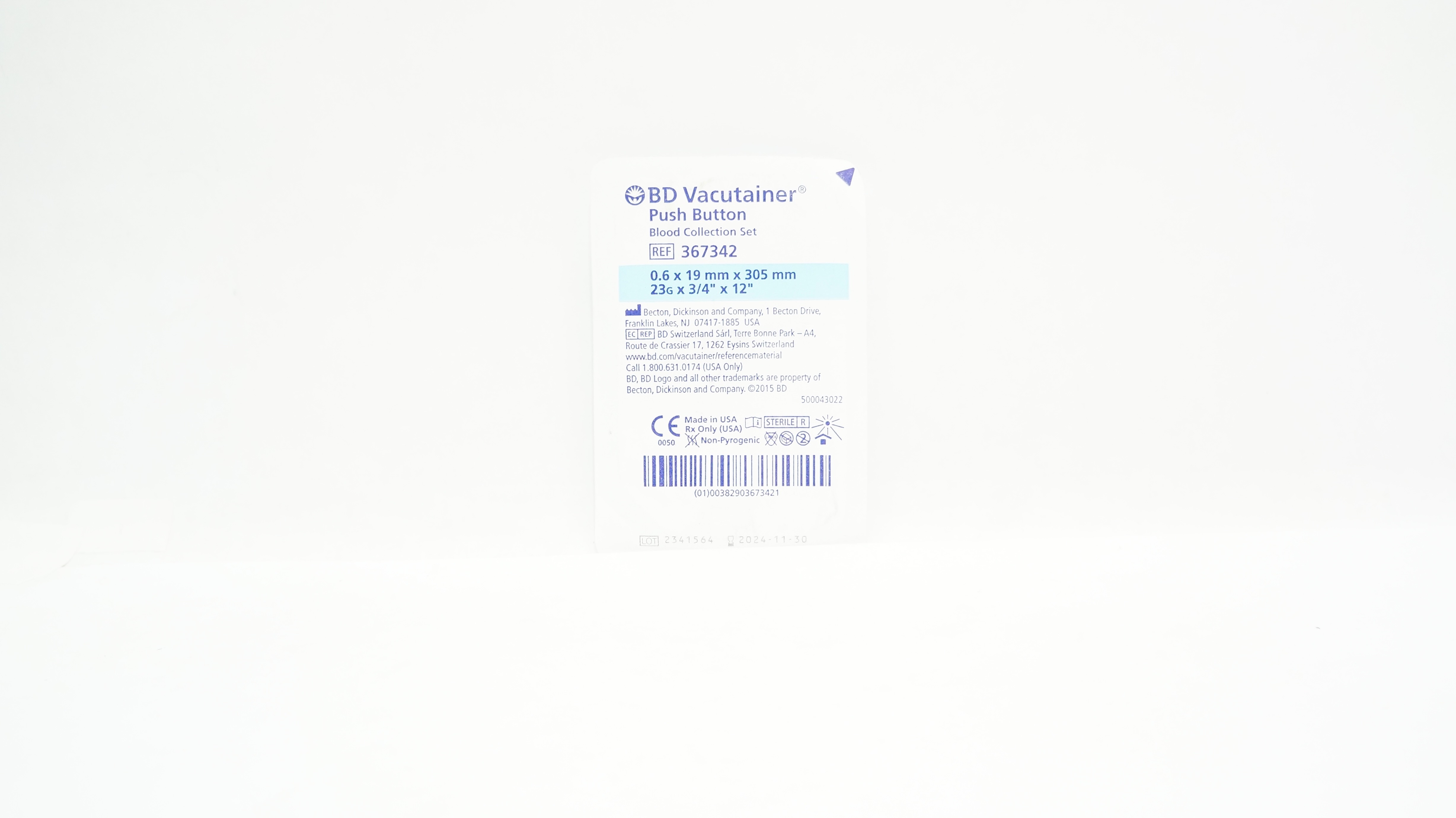 BD 367342 Vacutainer Push Button Blood Collection Set 23G x 3/4inch x 12inch