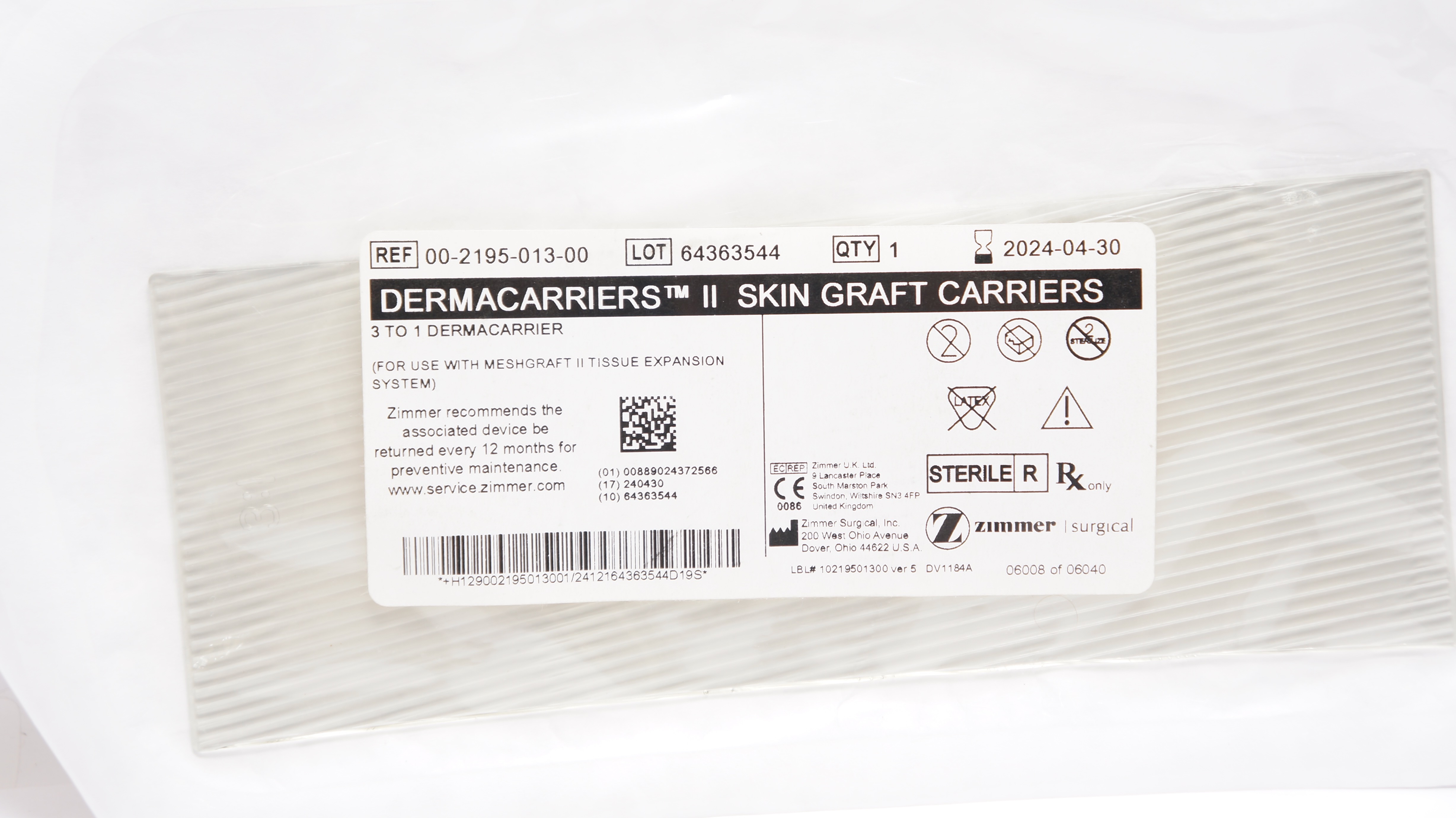 Zimmer 00-2195-013-00 Dermacarriers II Skin Graft Carriers 3 to 1 Dermacarrier
