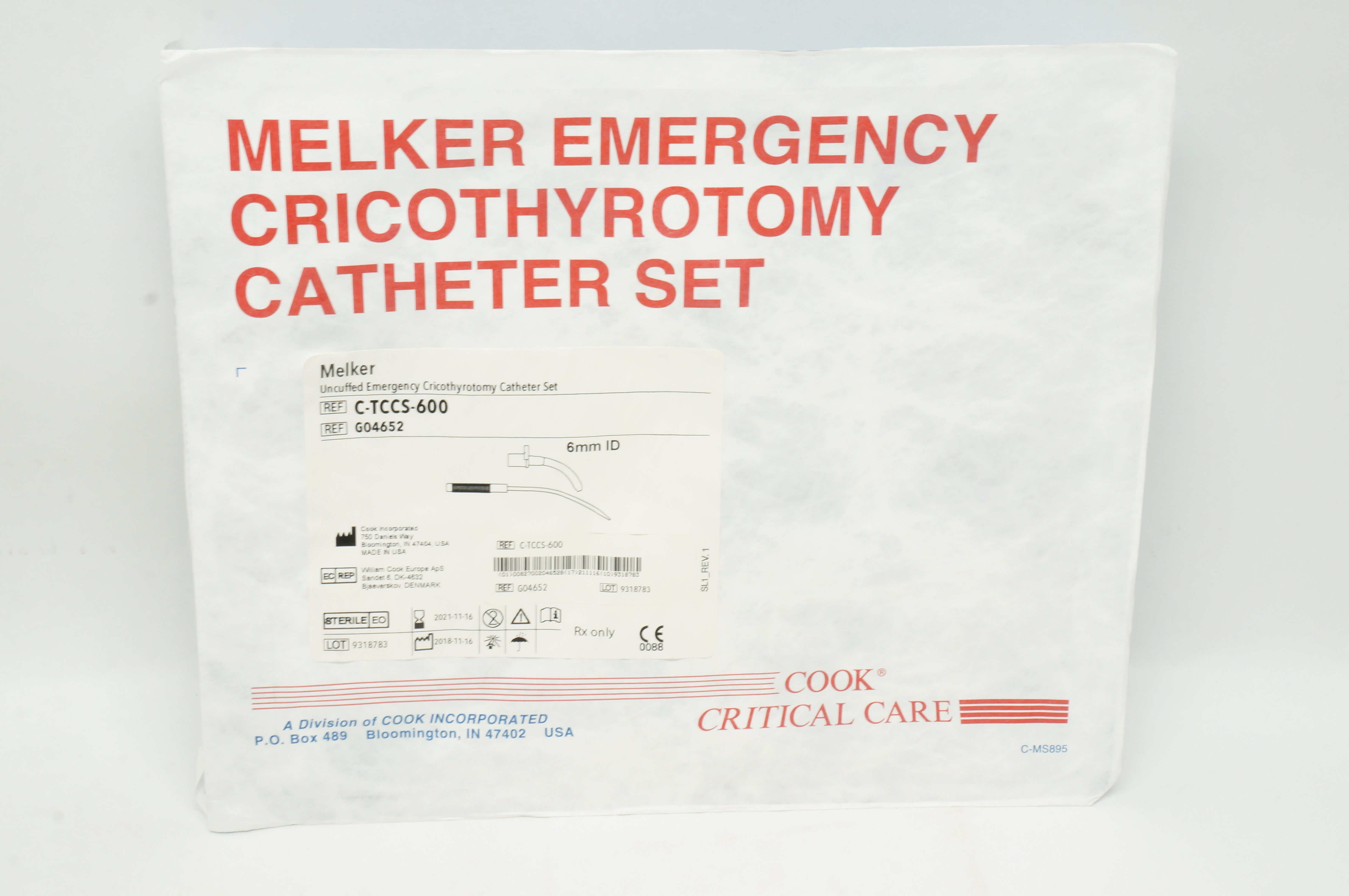 Cook Medical G04652 Melker Uncuffed Emergency Cricothyrotomy Cath. Set 6mm (x)