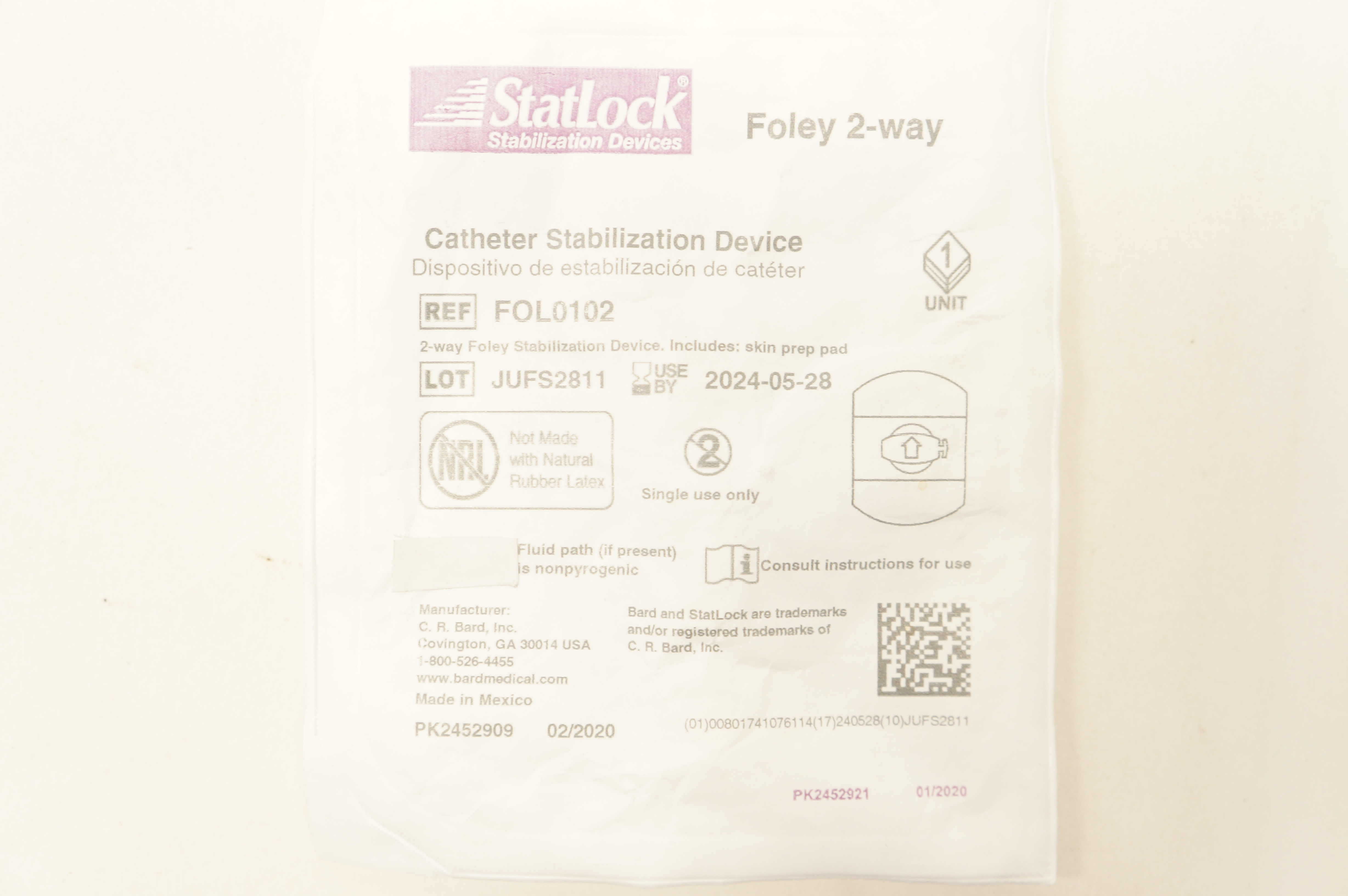 Bard FOL0102 StatLock Cath. Stabilization Device Foley 2-way