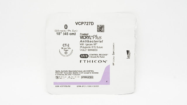 Ethicon VCP727D 0 Coated VICRYL Plus CT-2 26mm 1/2c Taper, 18inch