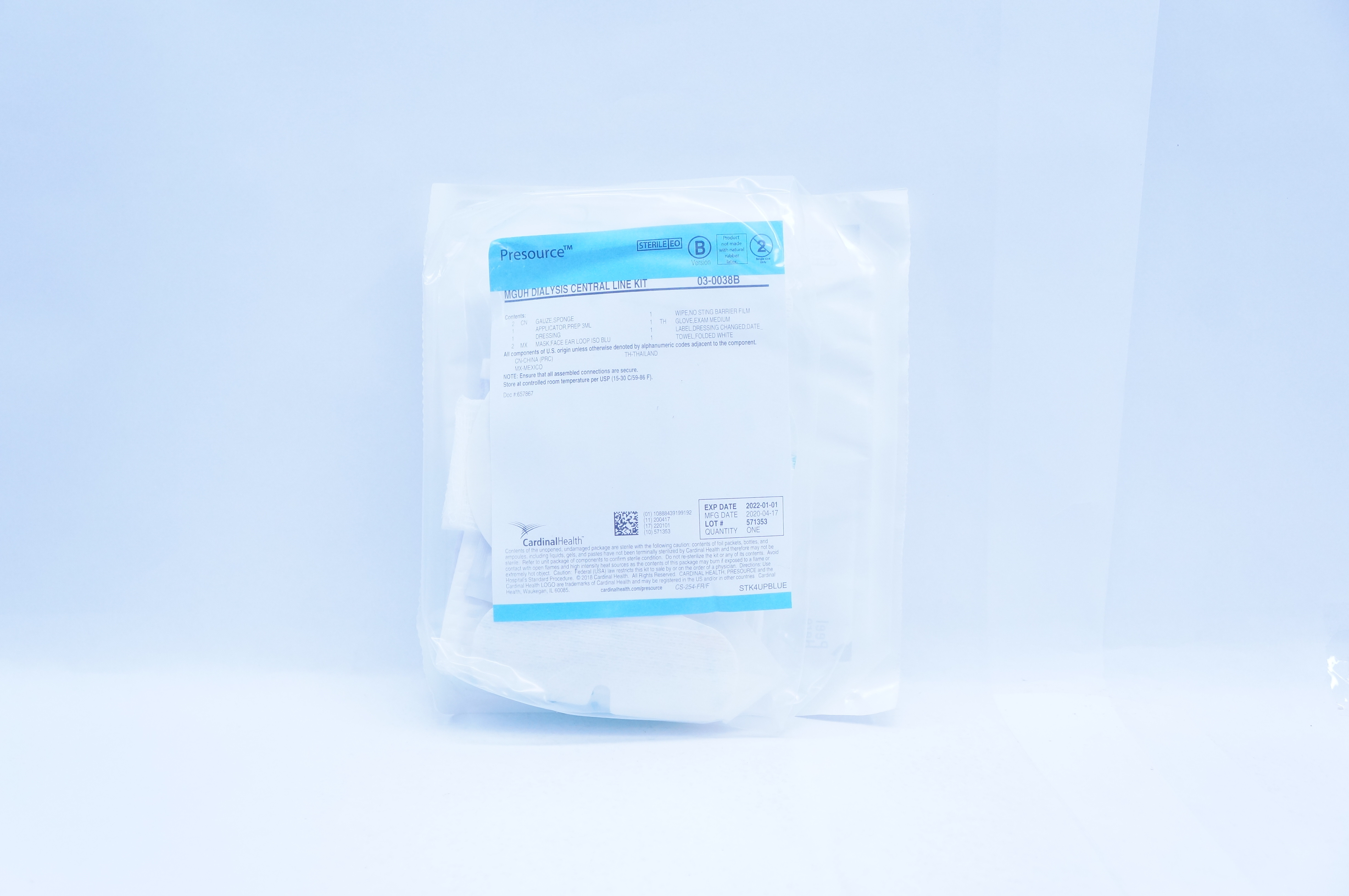 Cardinal Health 03-0038B Presource MGUH Dialysis Central Line Kit