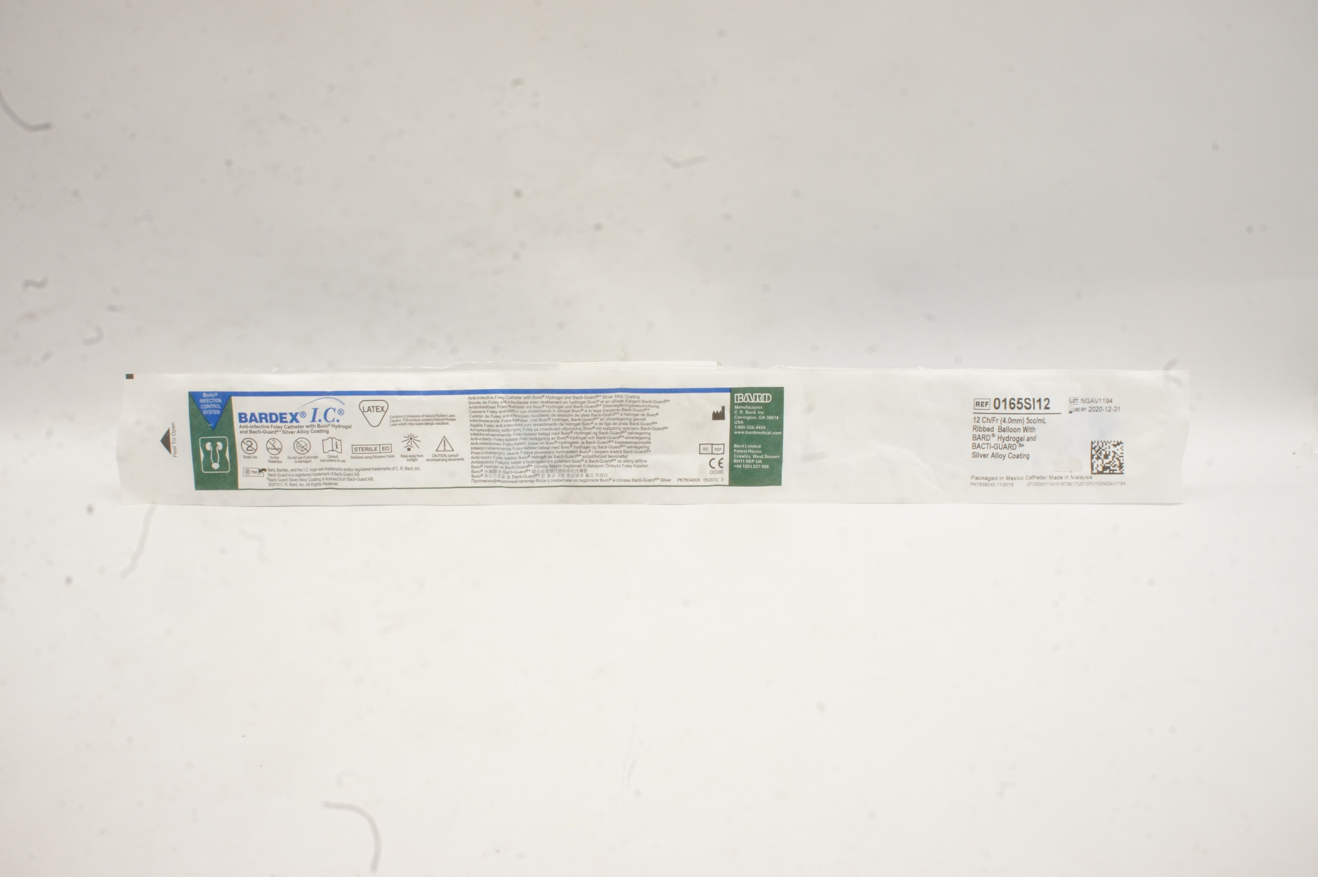 Bard 0165SI12 Bardex IC Anti-Infective Foley Cath. 12Fr. 5cc Ribbed Balloon (x)