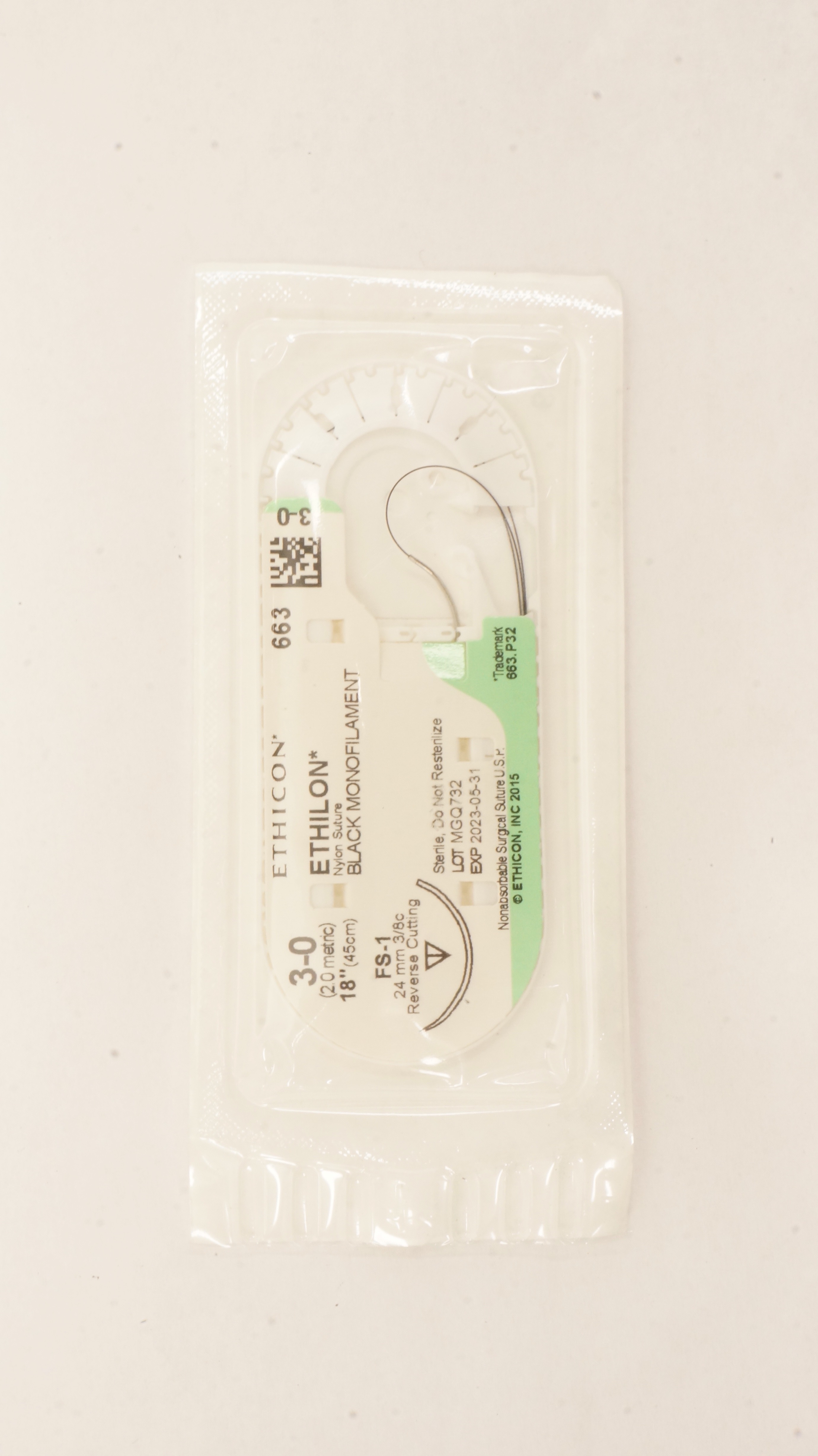 Ethicon 663 3-0 Ethilon Nylon Stre FS-1, 24mm 3/8c Reverse Cutting, 18 inch