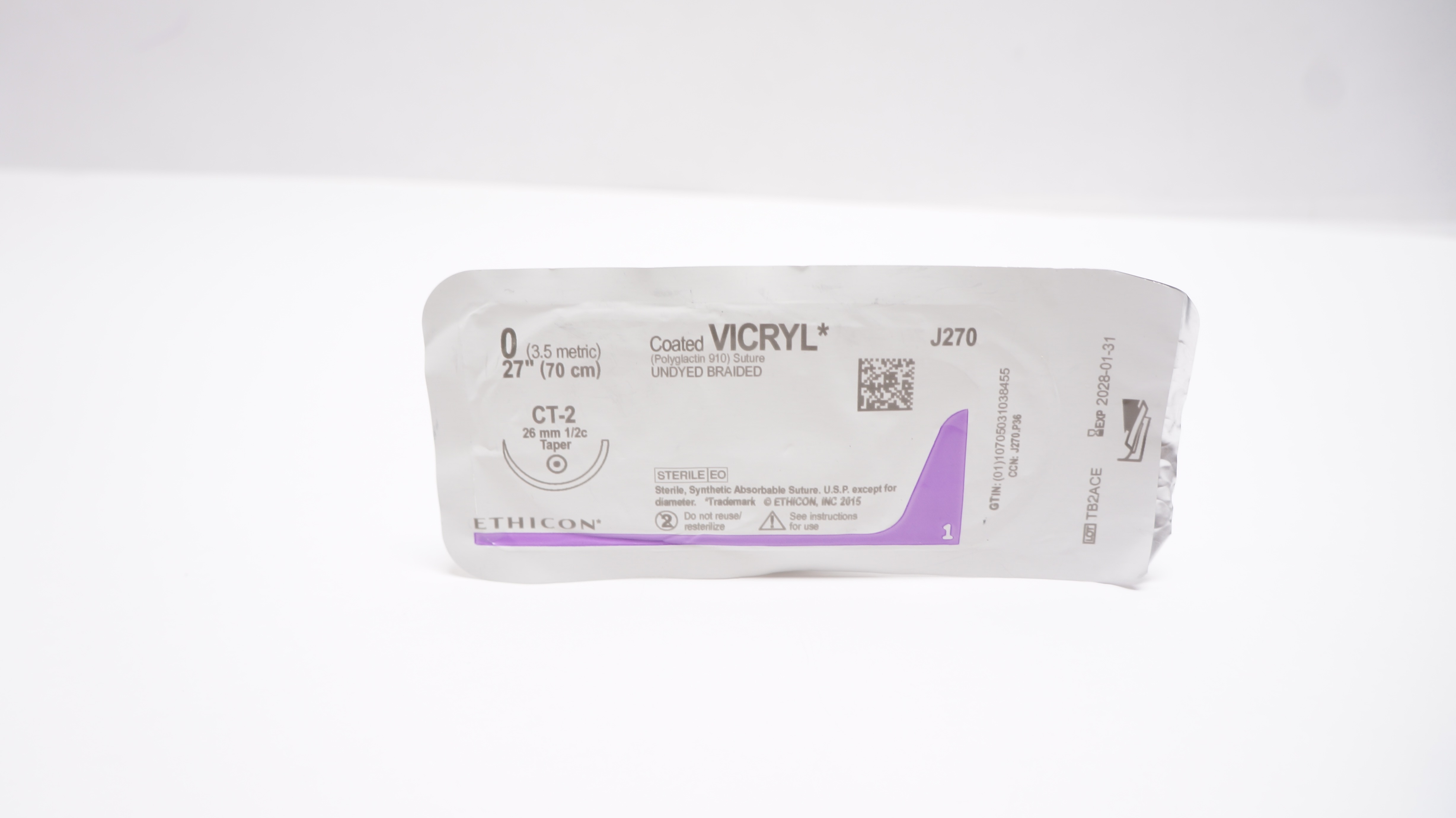 Ethicon J270 0 VICRYL, CT-2, 26mm 1/2c Taper, 27inch