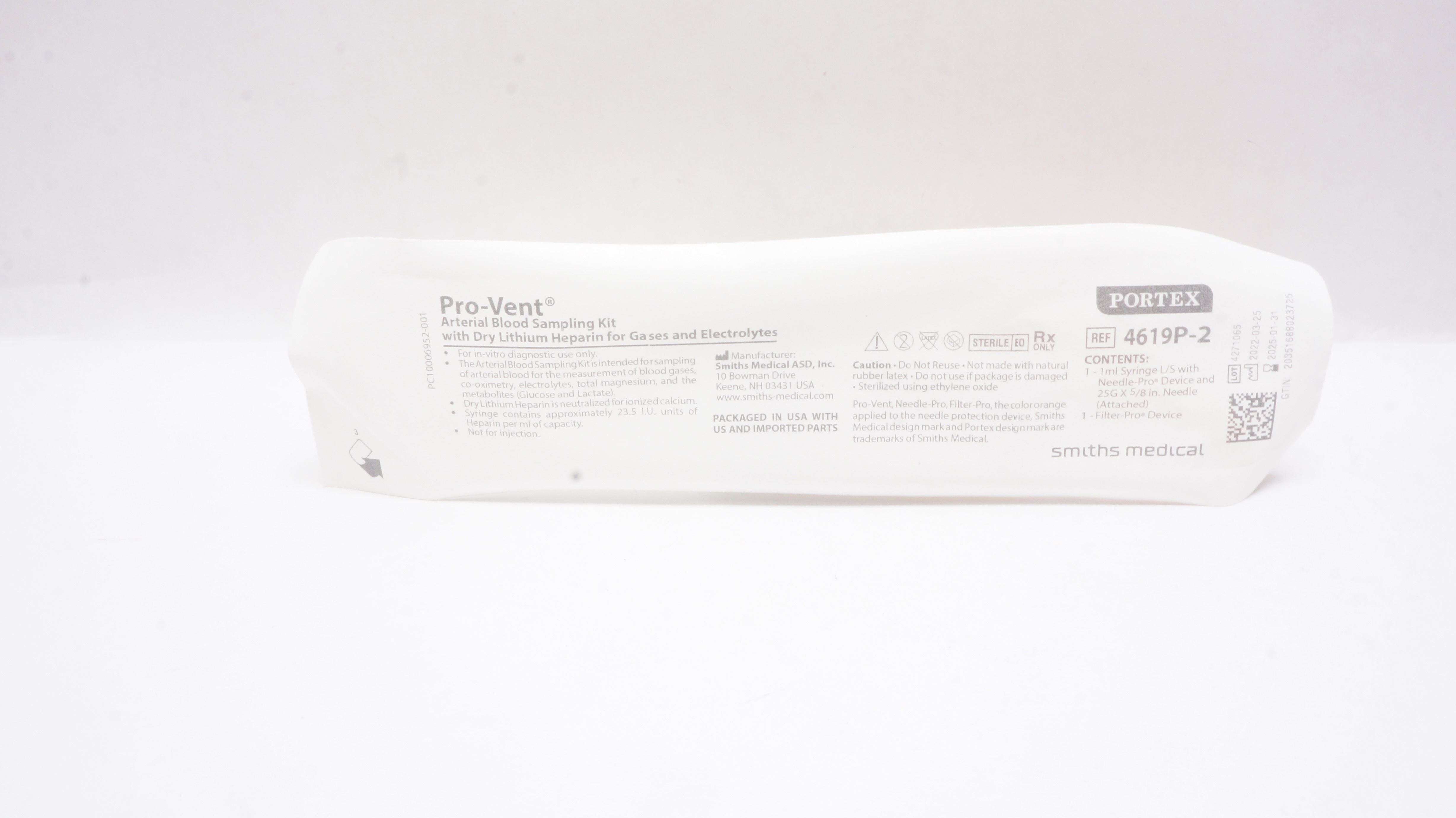 Smiths Medical 4619P-2 Portex Pro-Vent Arterial Blood Sampling Kit