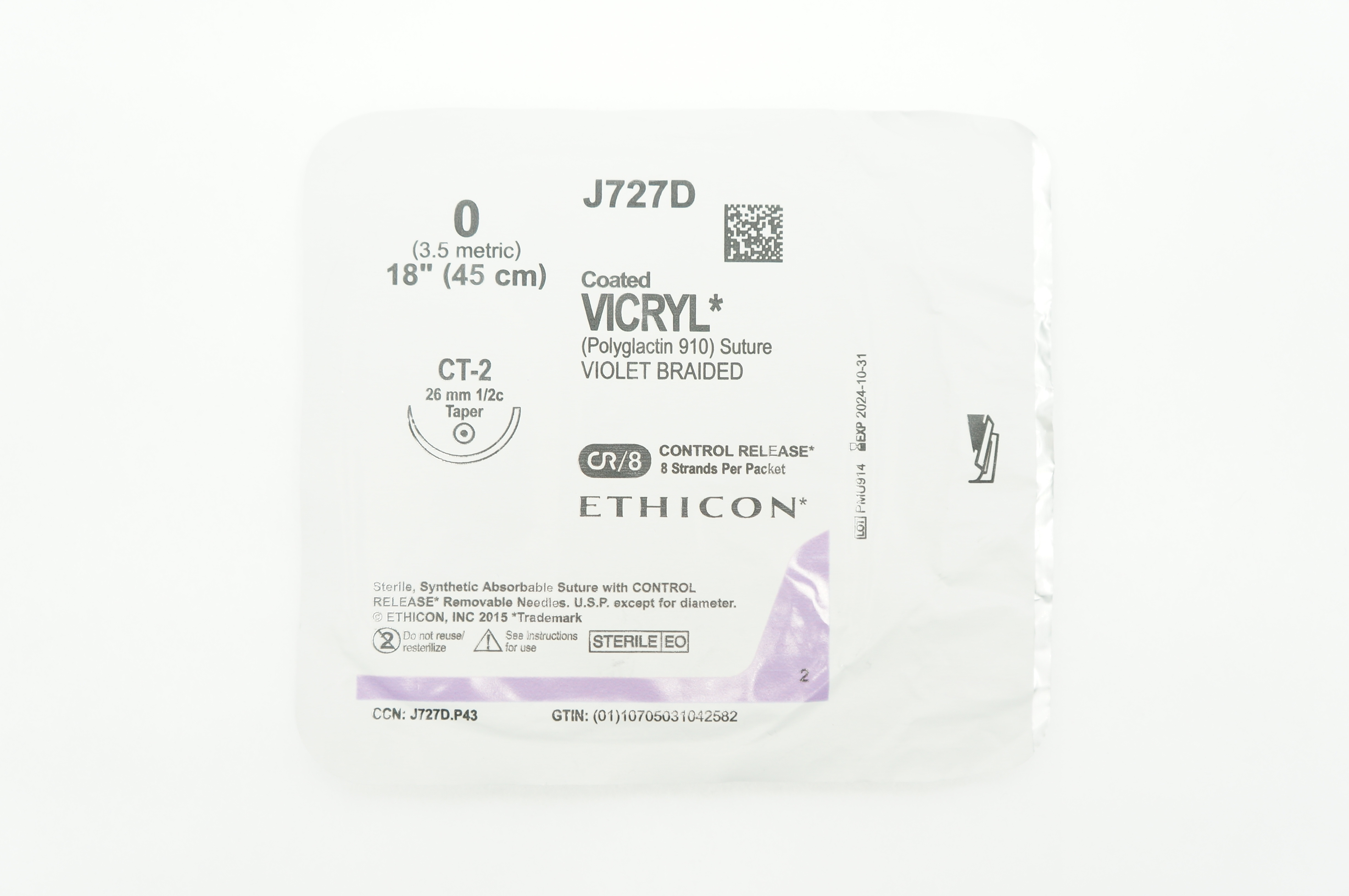 Ethicon J727D 0 VICRYL CT-2 26mm 1/2c Taper 18inch