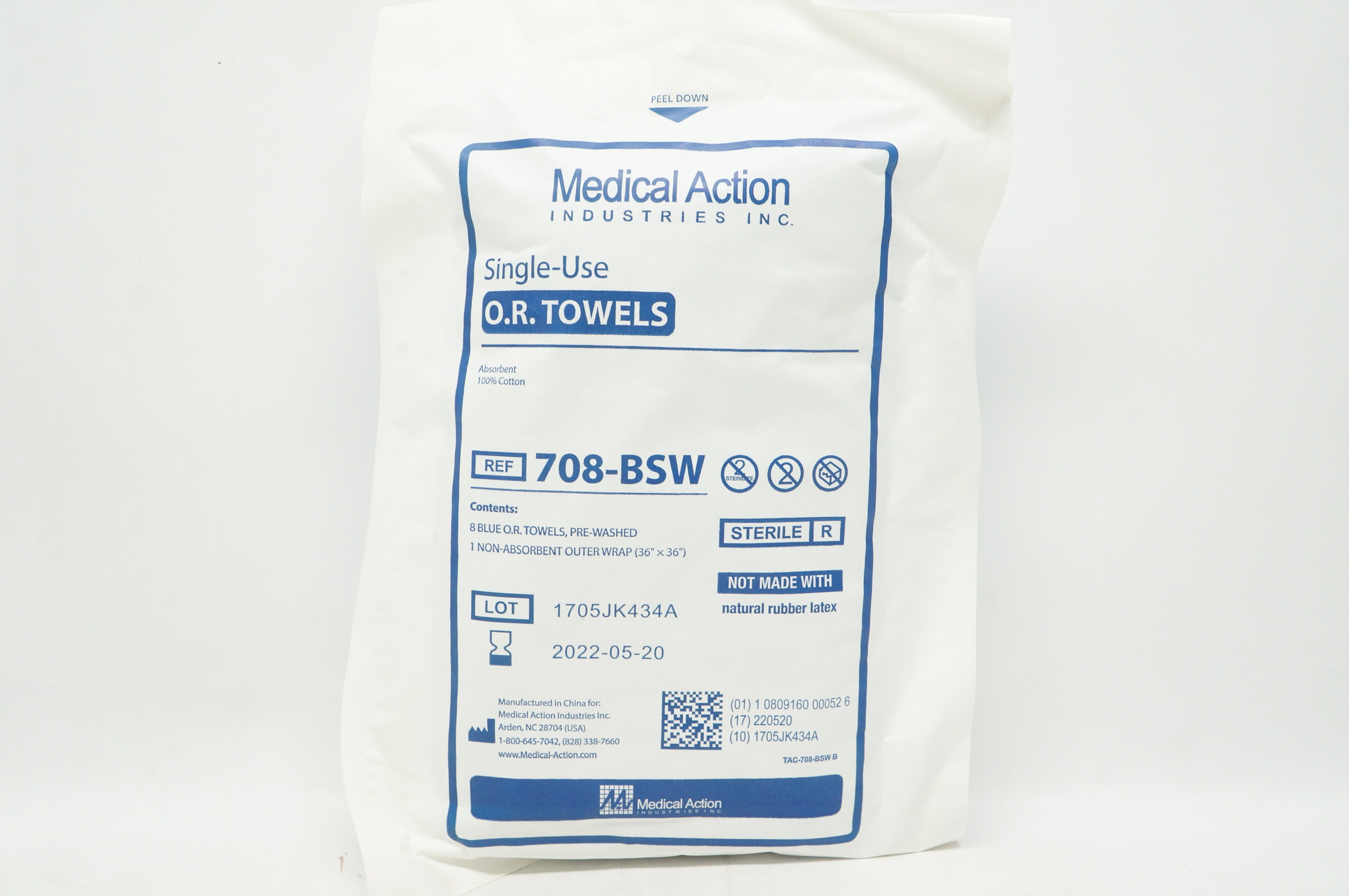 Medical Action 708-BSW Blue O.R. Towels, Pre-Washed, Outer Wrap 36inch x 36 inch
