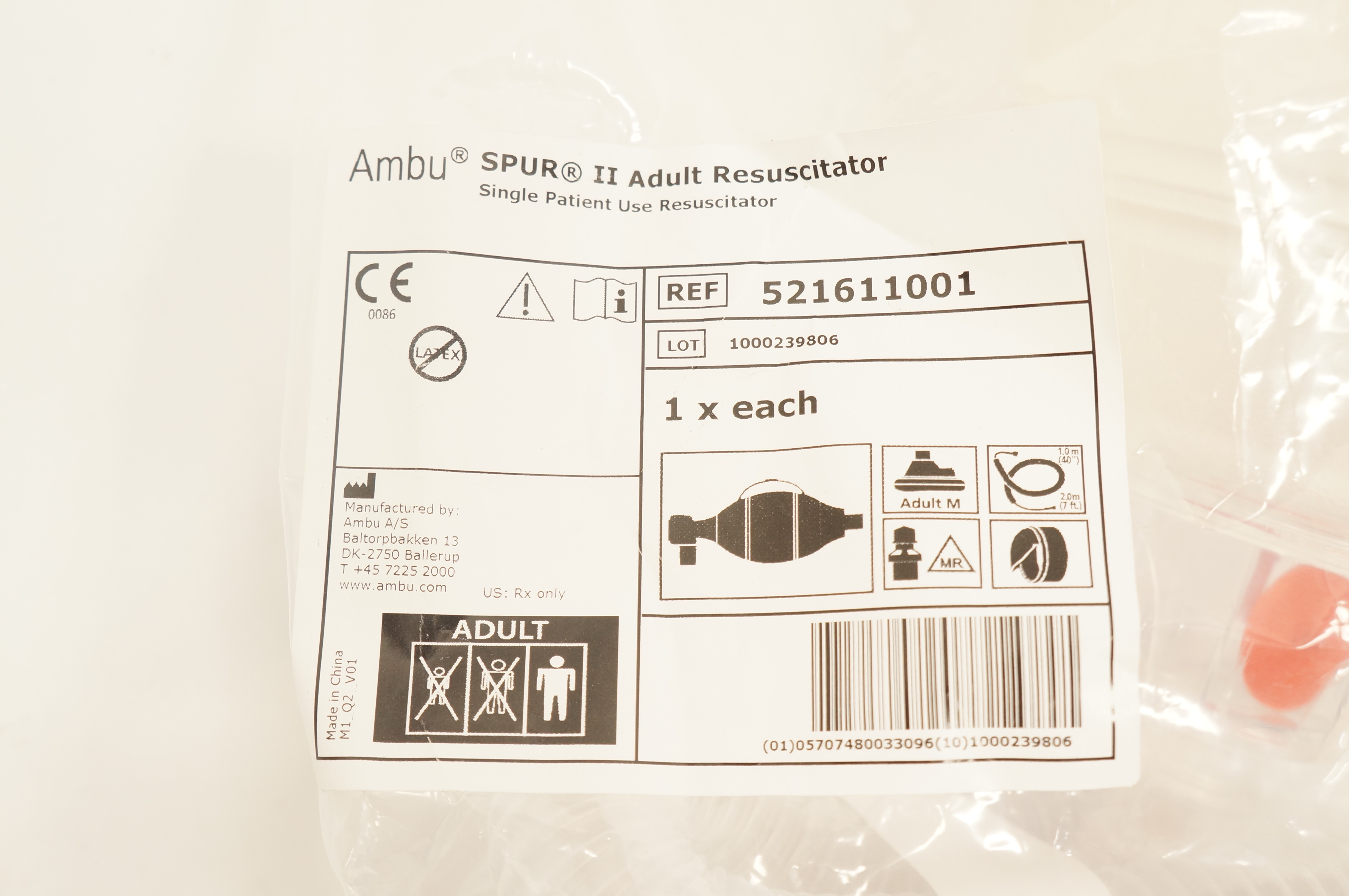 AMBU 521611001 SPUR II Adult Resuscitator Adult 40 inch x 7ft.