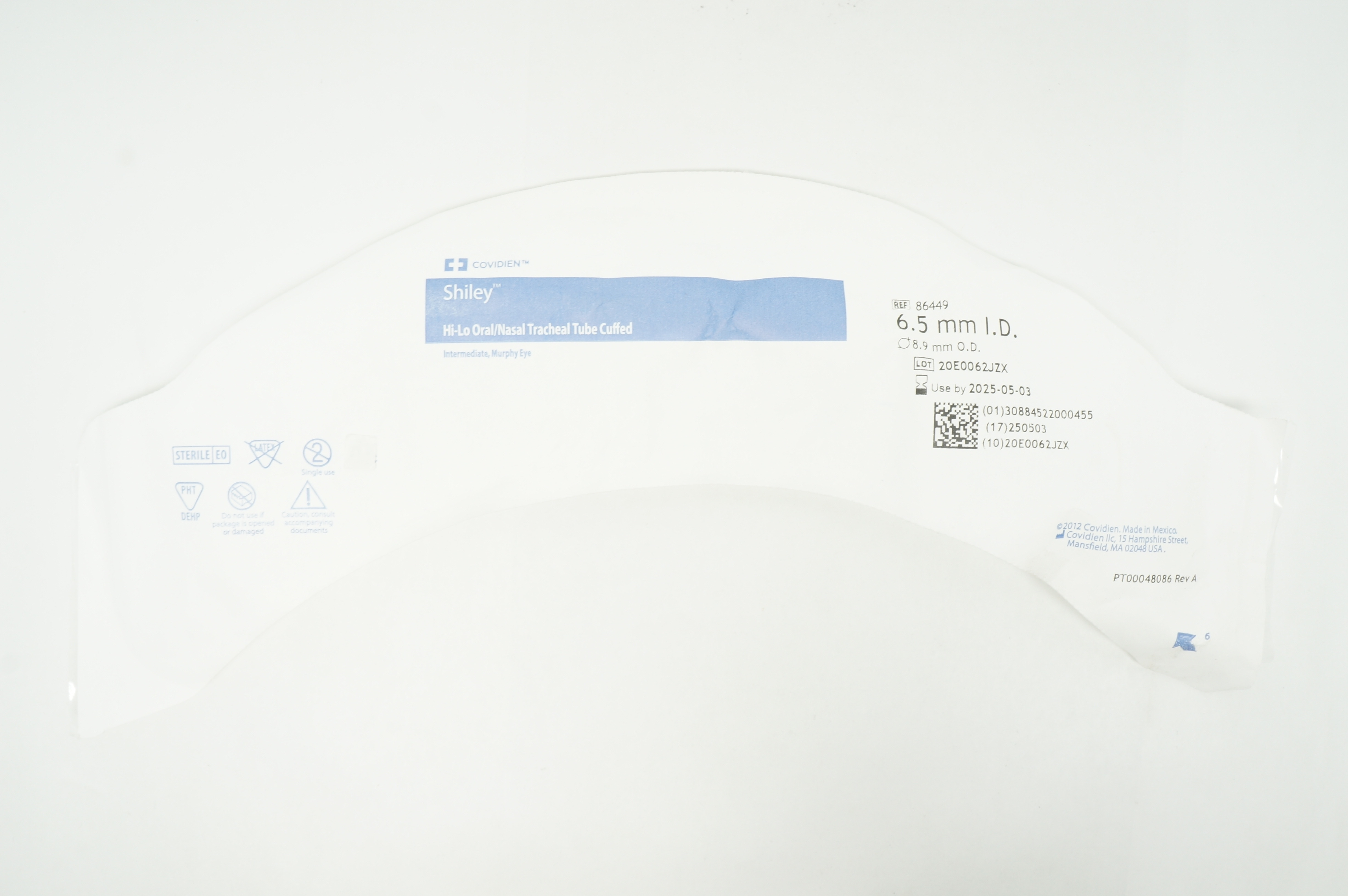 Covidien 86449 Shiley Hi-Lo Oral/Nasal Tracheal Tube Cuffed 6.5 ID x 8.9mm OD