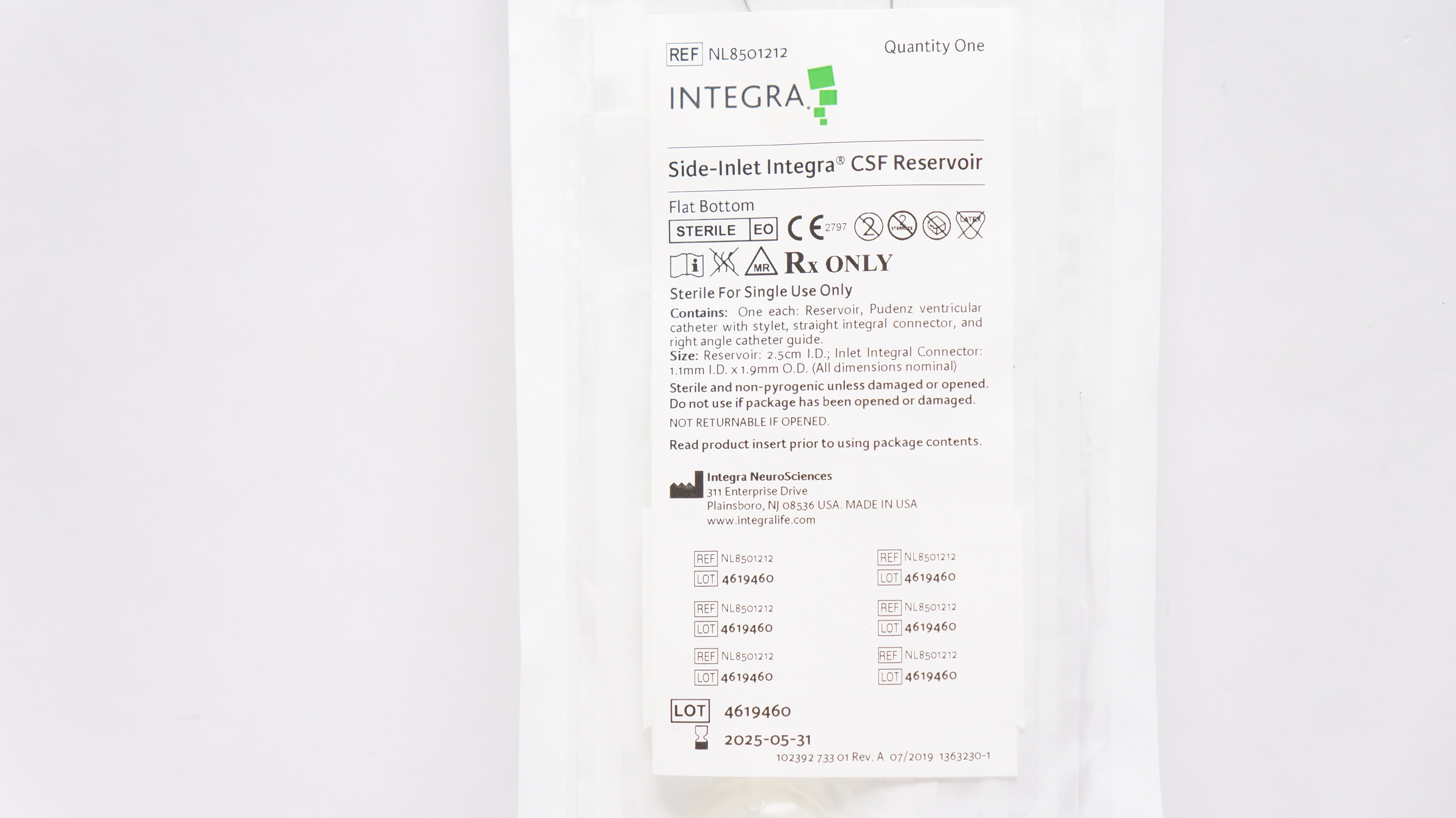 Integra NL8501212 Side-Inlet Integra CSF Reservoir 2.5cm I.D. Flat Bottom