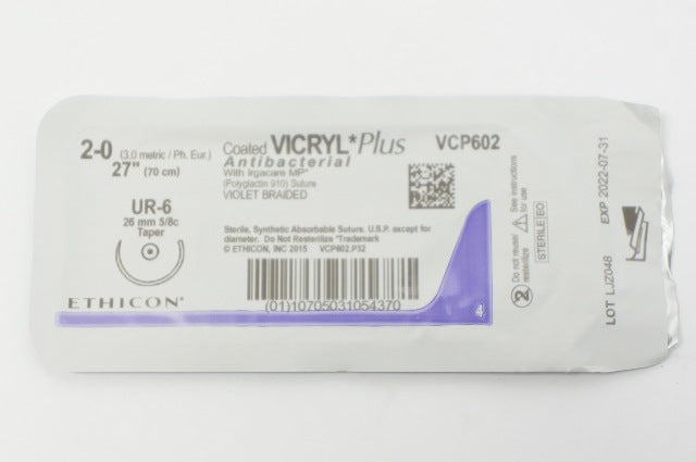 Ethicon VCP602 2-0 VICRYL Plus Stre W/ Irgacare MP, UR-6 26mm 5/8c Taper, 27inch