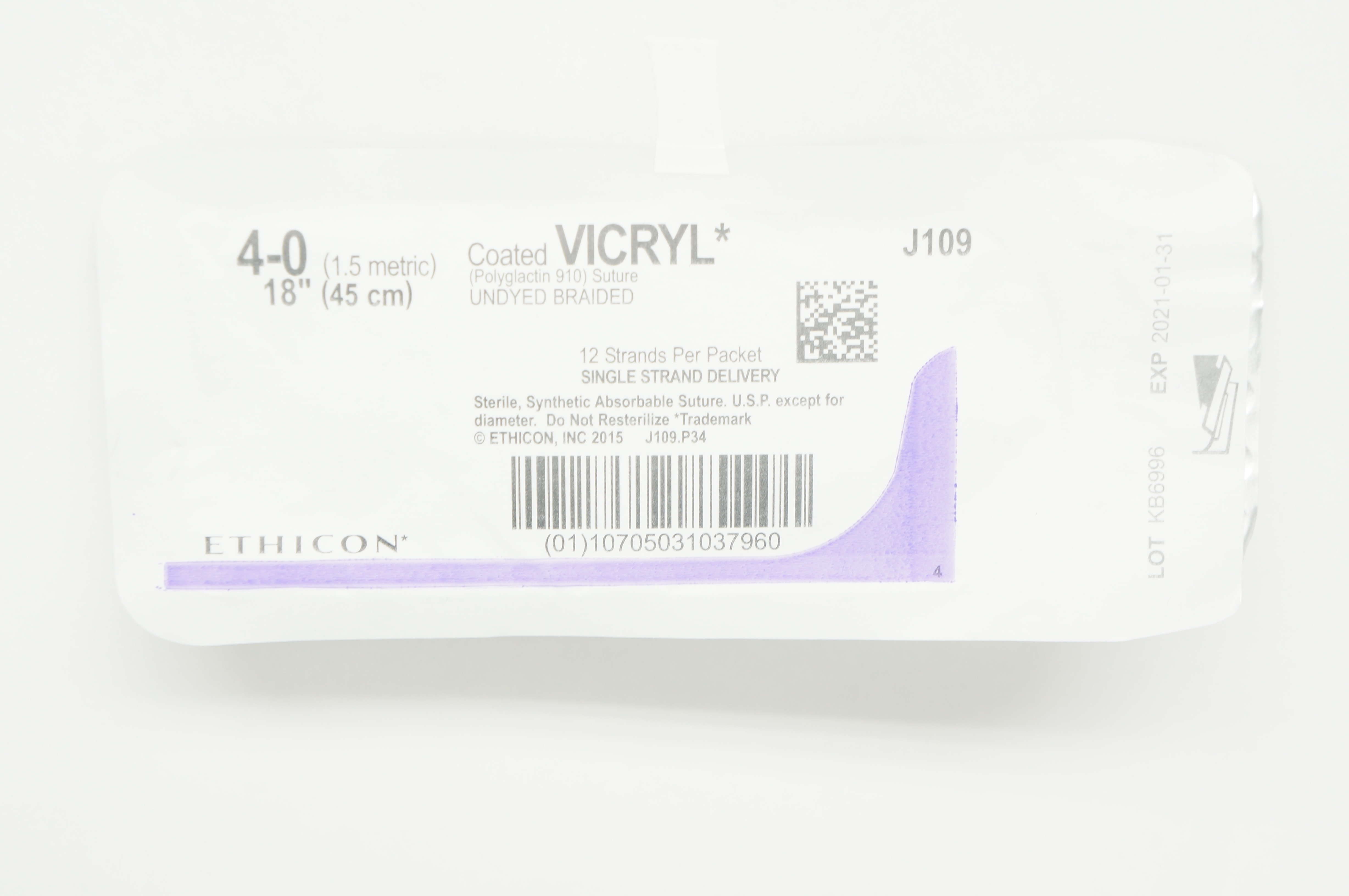 Ethicon J109 4-0 Coated VICRYL Polyglactin 910 Stre Undyed Braided, 18inch (x)