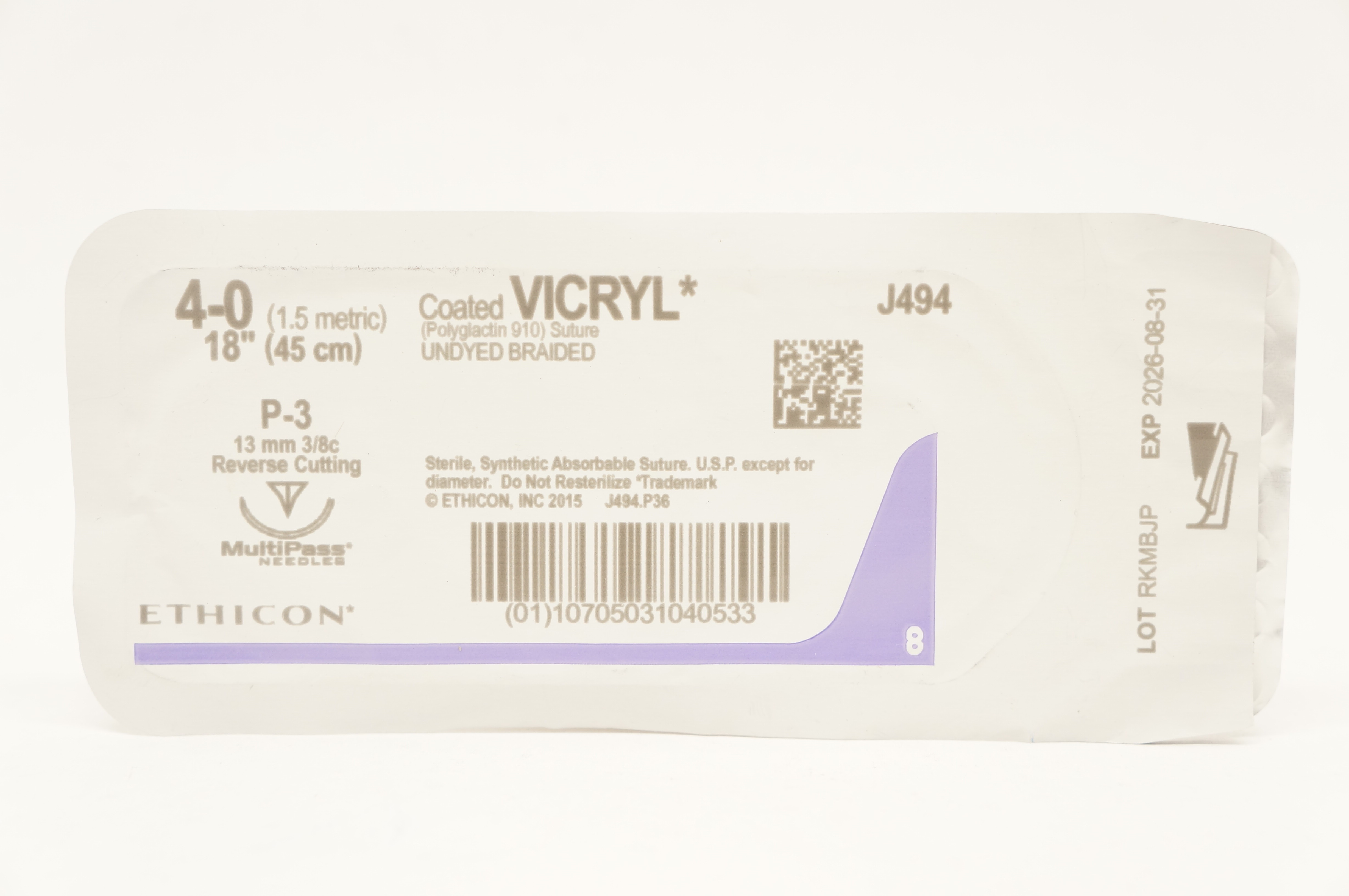 Ethicon J494 4-0 Coated VICRYL Stre P-3 13mm 3/8c Reverse Cutting 18inch