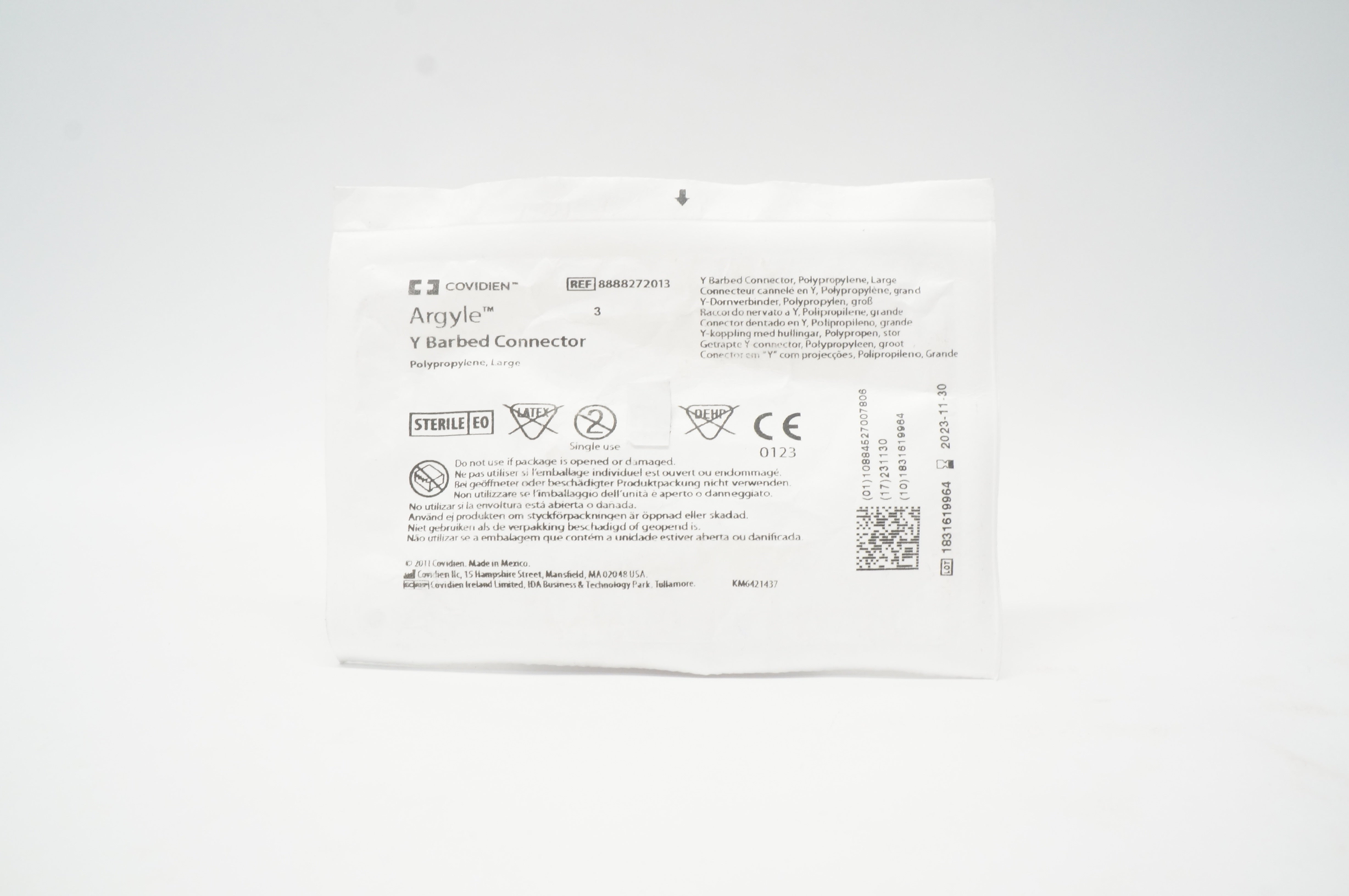 Covidien 8888272013 Argyle Y Barbed Connector Polypropylene Large