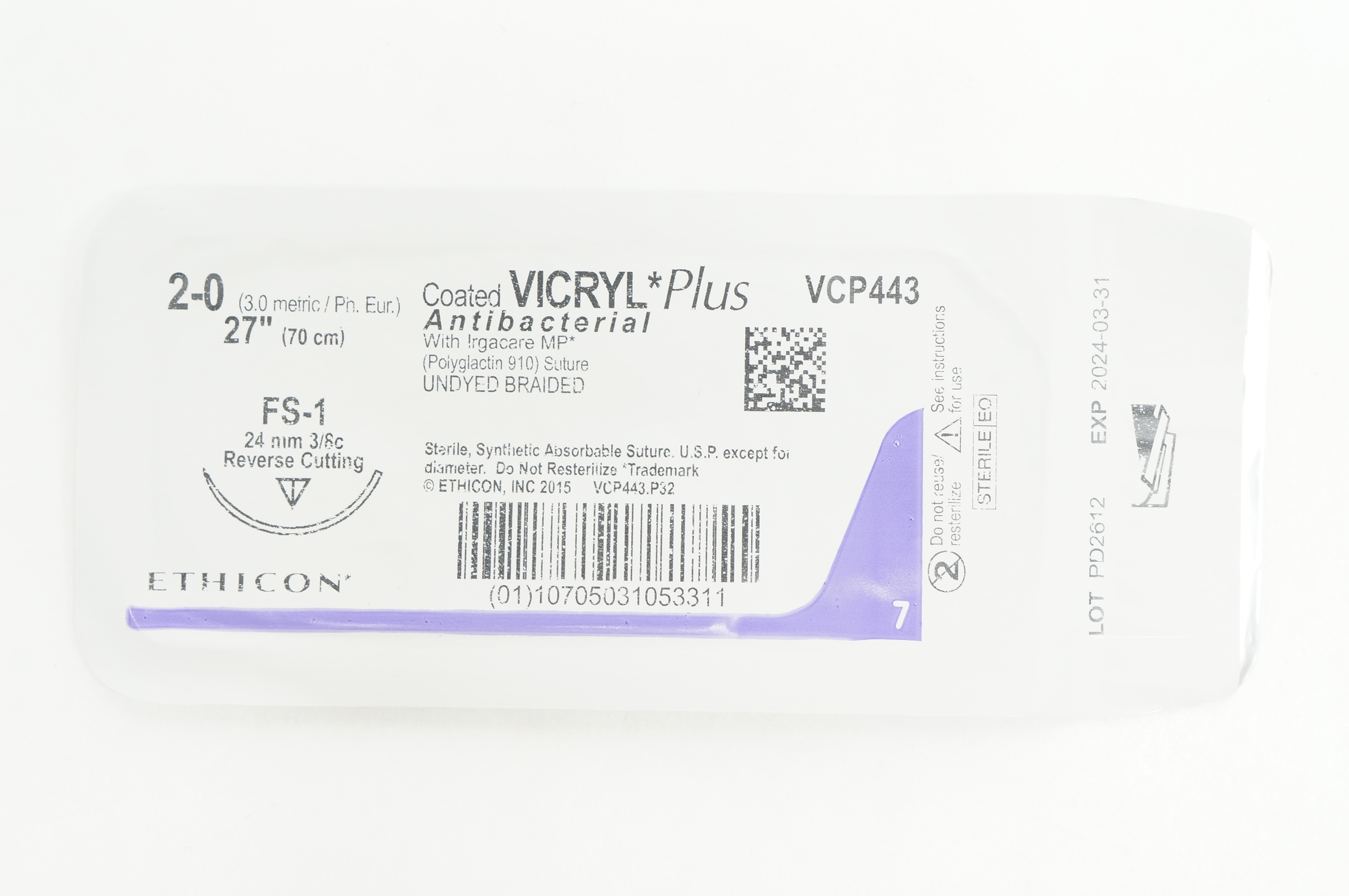 Ethicon VCP443 2-0 VICRYL Plus FS-1 24mm 3/8c Reverse Cutting 27inch