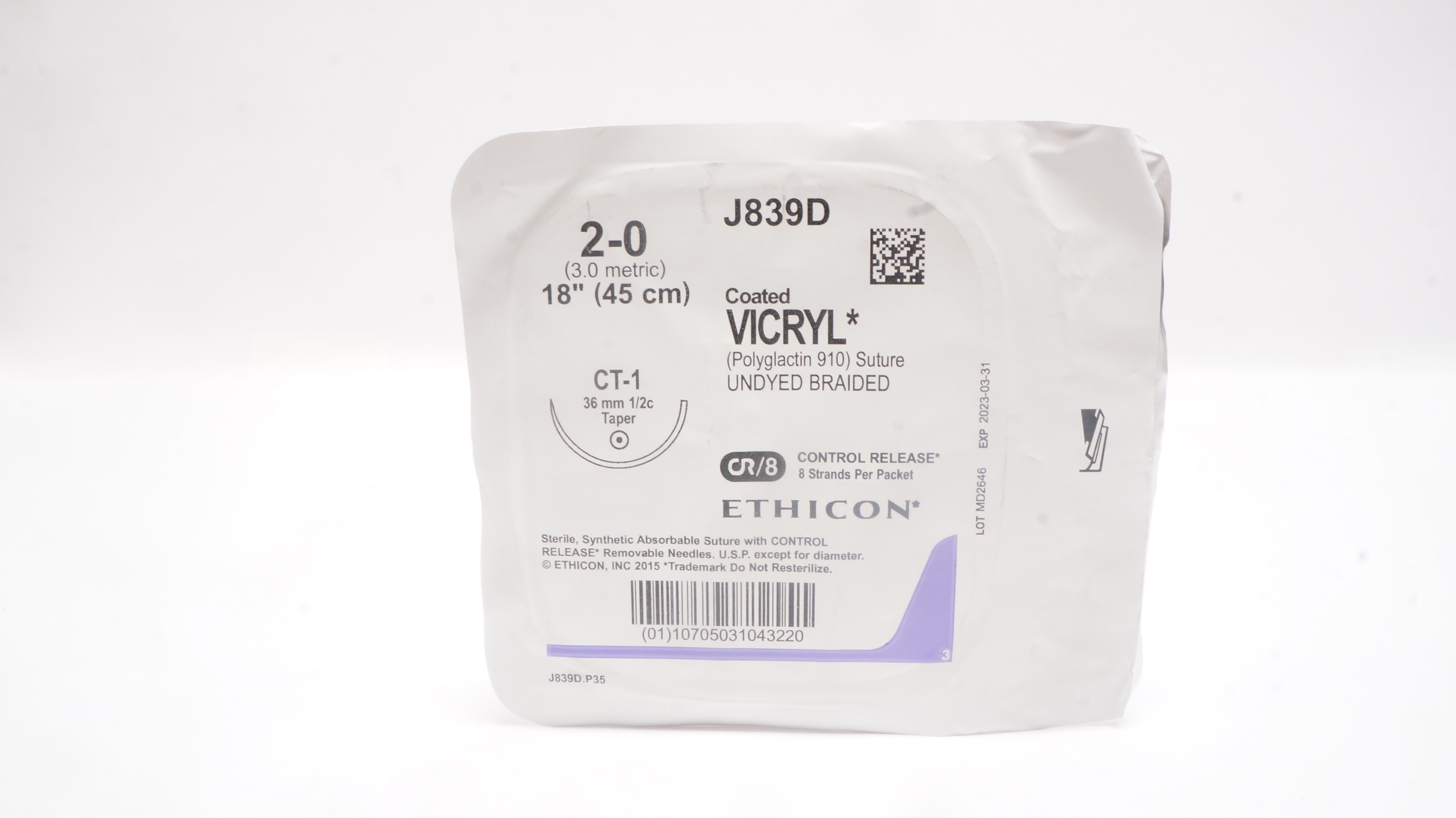 Ethicon J839D 2-0 VICRYL, CT-1, 36mm 1/2c Taper, 18inch (x)