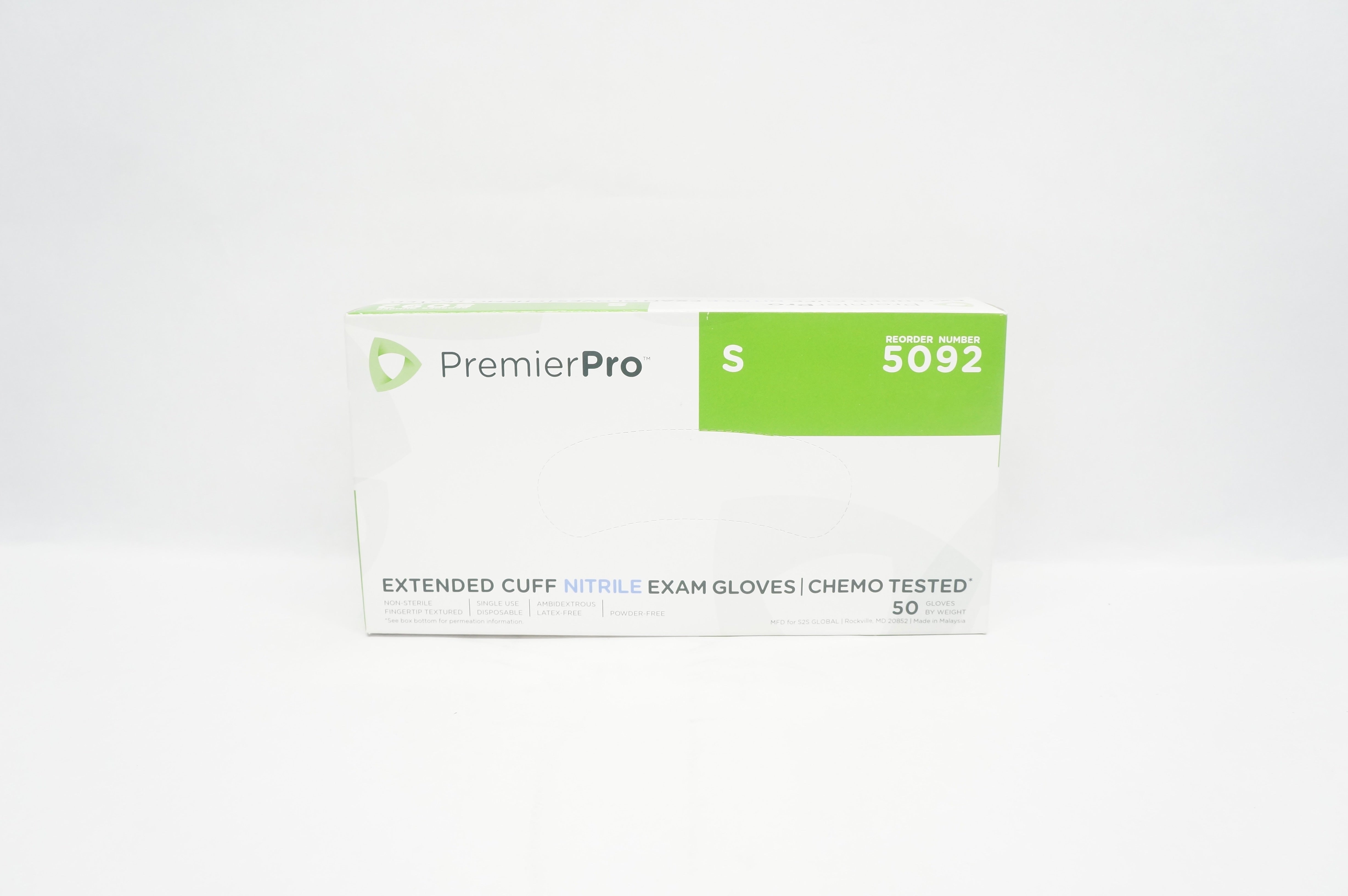 PremierPro 5092 Extended Cuff Nitrile Exam Gloves, Powder-Free Small - Box of 50