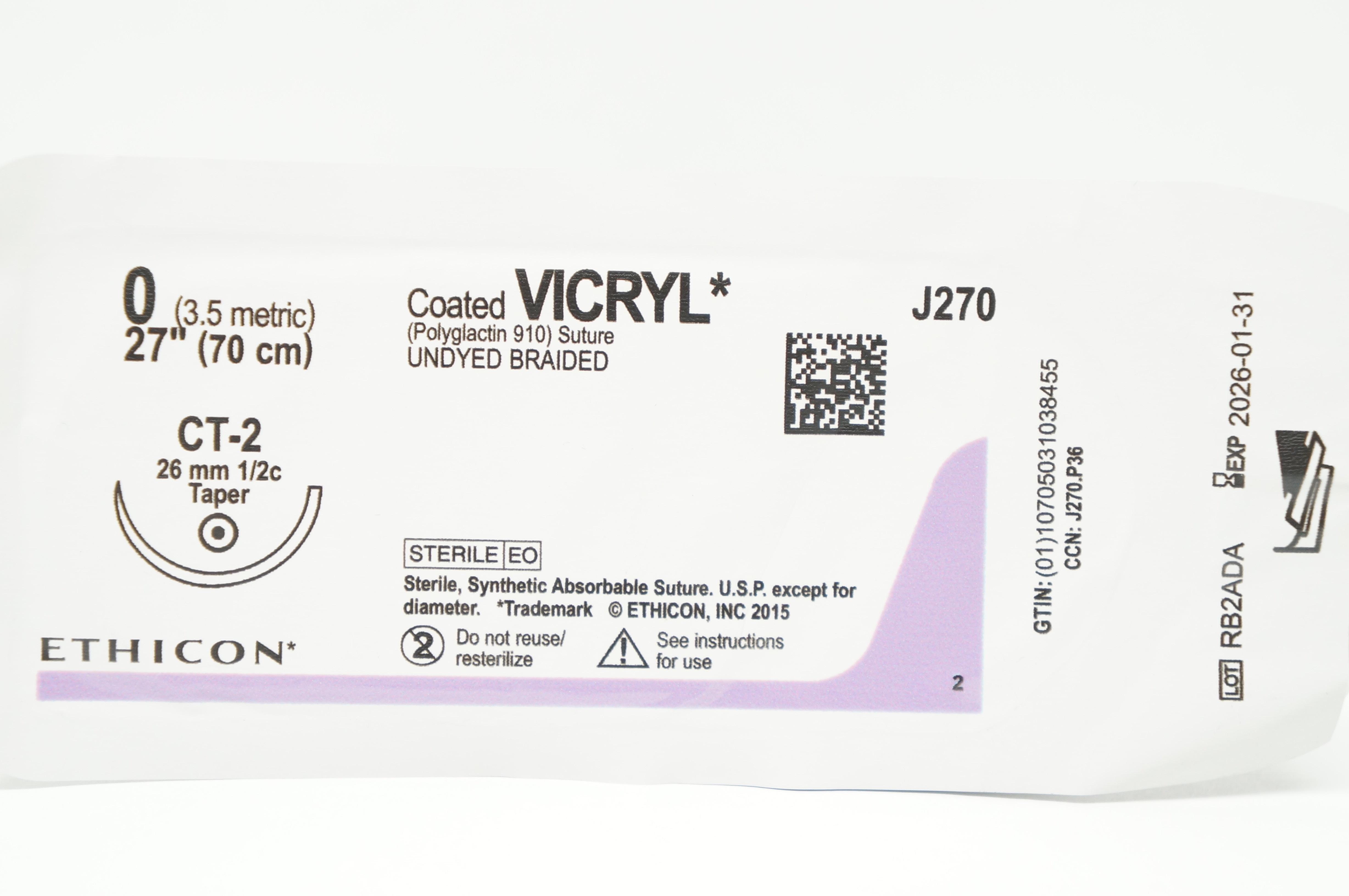 Ethicon J270 0 Coated VICRYL (Polyglactin 910) Stre CT-2 26mm 1/2c Taper 27inch