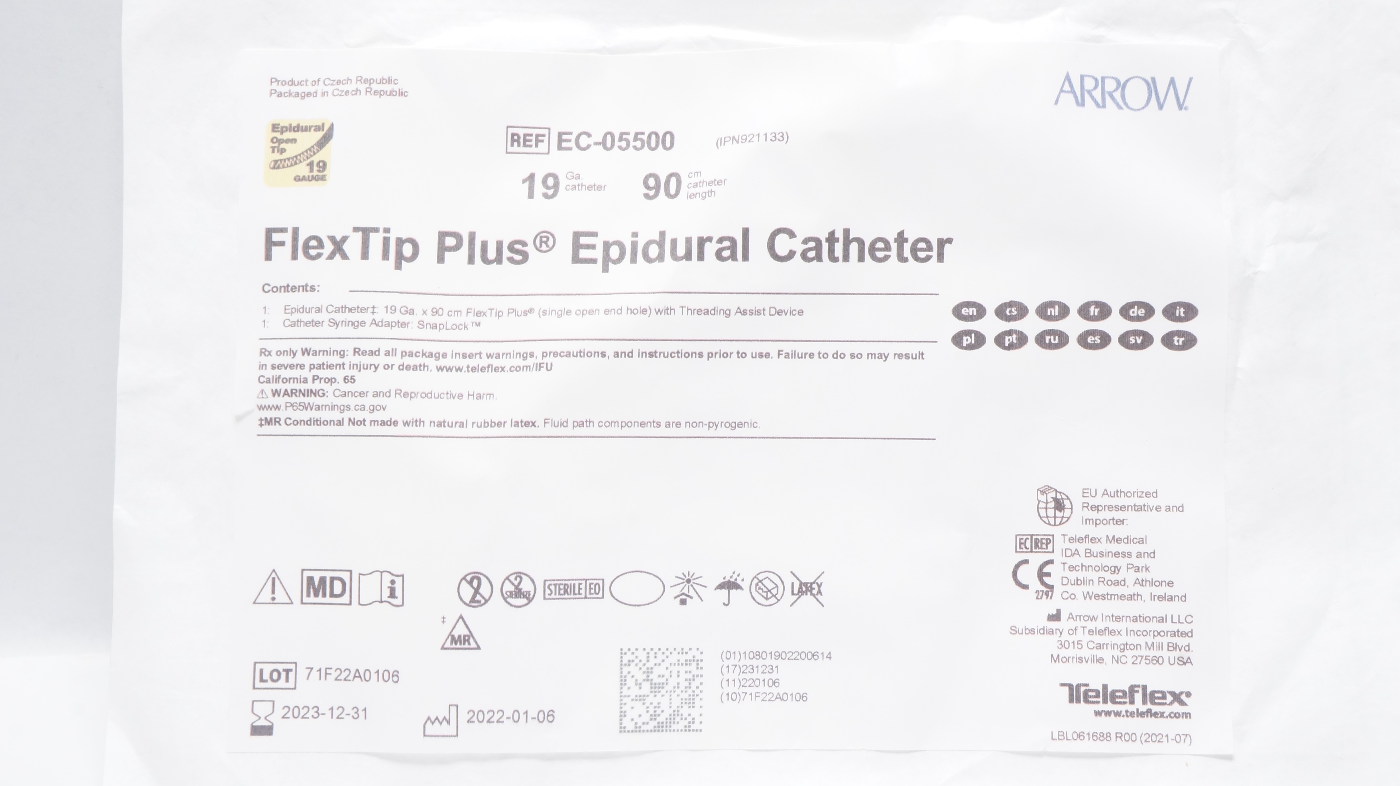 Arrow EC-05500 FlexTip Plus Epidural Cath. 19Ga x 90cm (x)