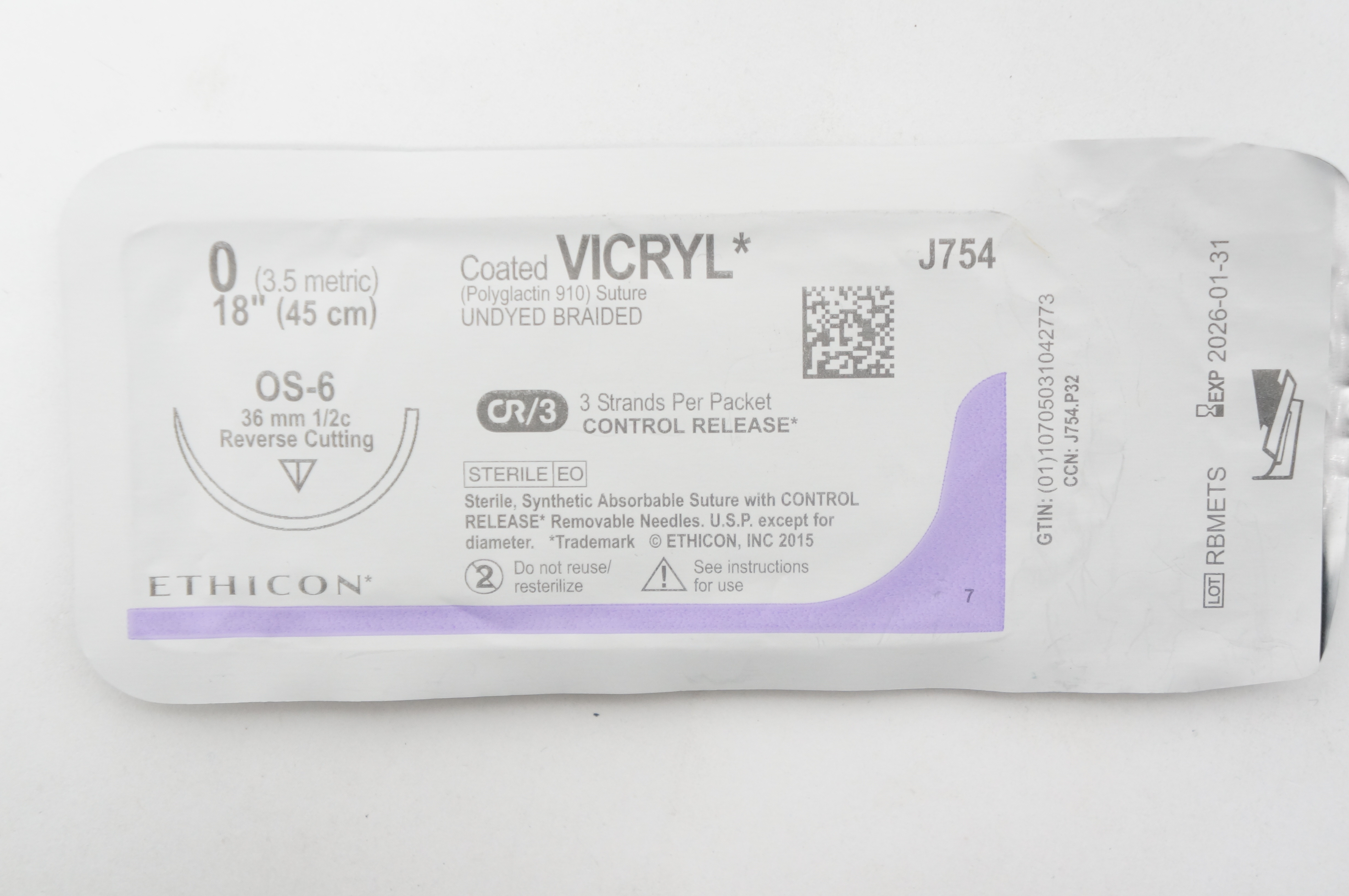 Ethicon J754 0 Coated VICRYL Stre, OS-6 36mm 1/2c Reverse Cutting, 18inch
