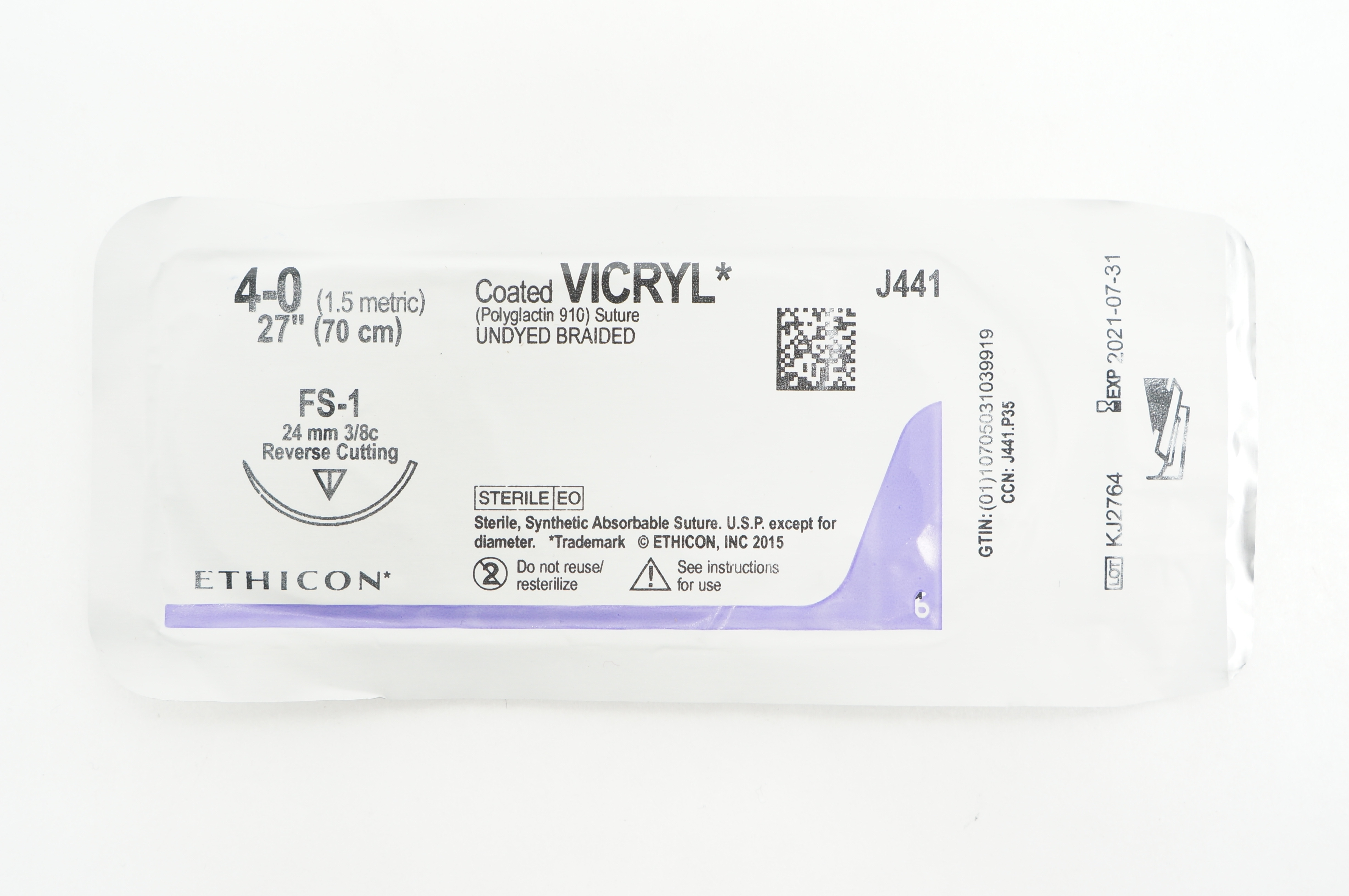 Ethicon J441 4-0 Coated VICRYL FS-1 24mm 3/8c Reverse Cutting, 27inch