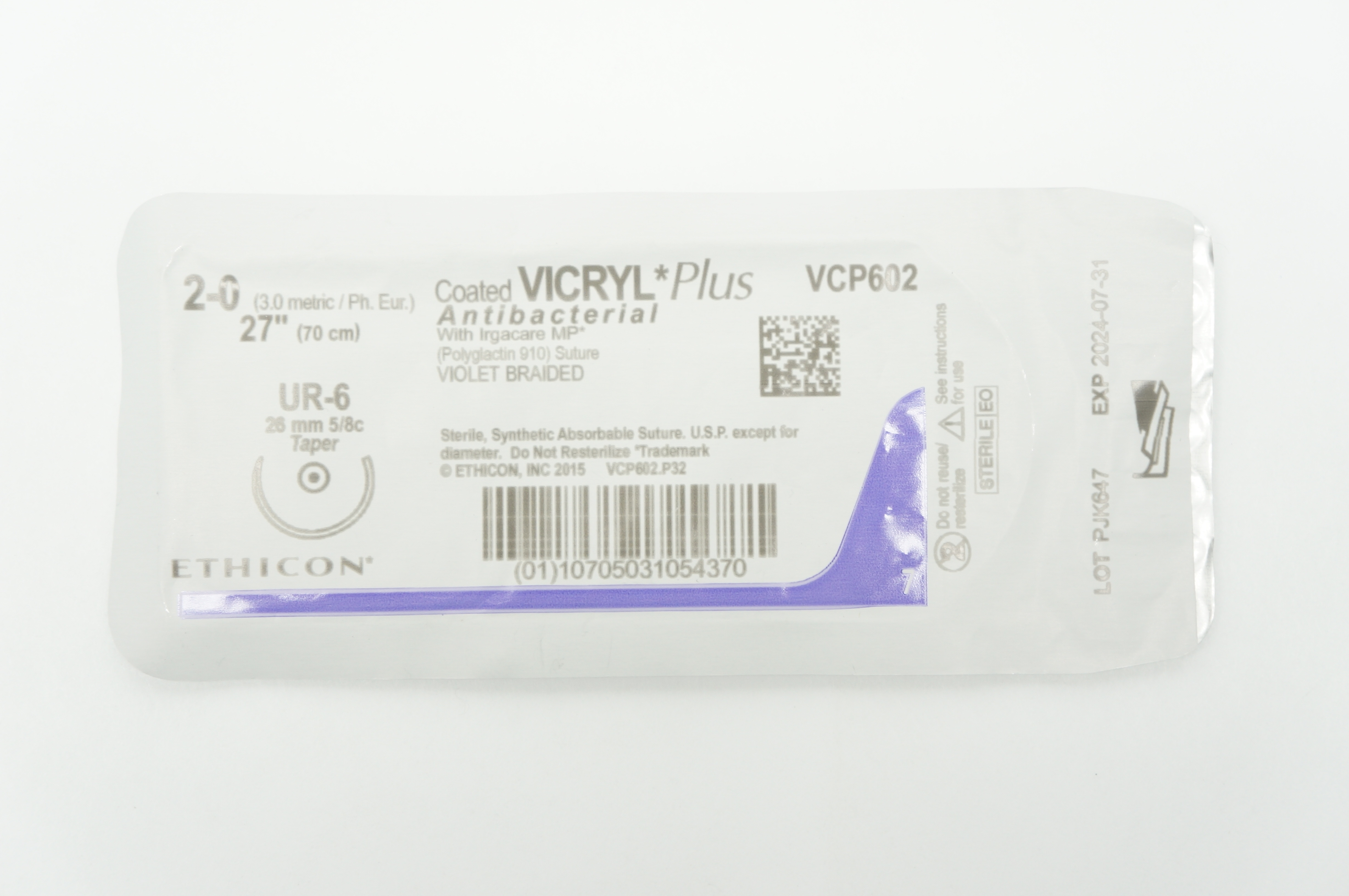 Ethicon VCP602 2-0 VICRYL Plus UR-6 26mm 5/8c Taper 27inch